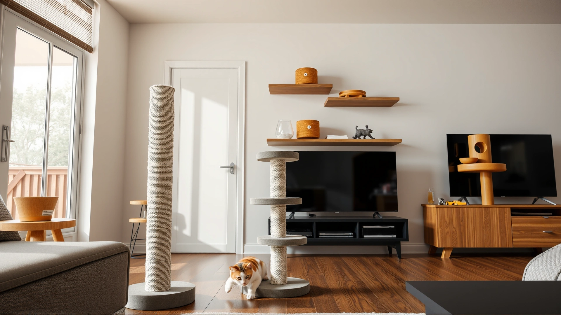 Modern living room featuring a tall scratching post, climbing shelves, puzzle feeders, and a resting cat exploring the enrichment setup.