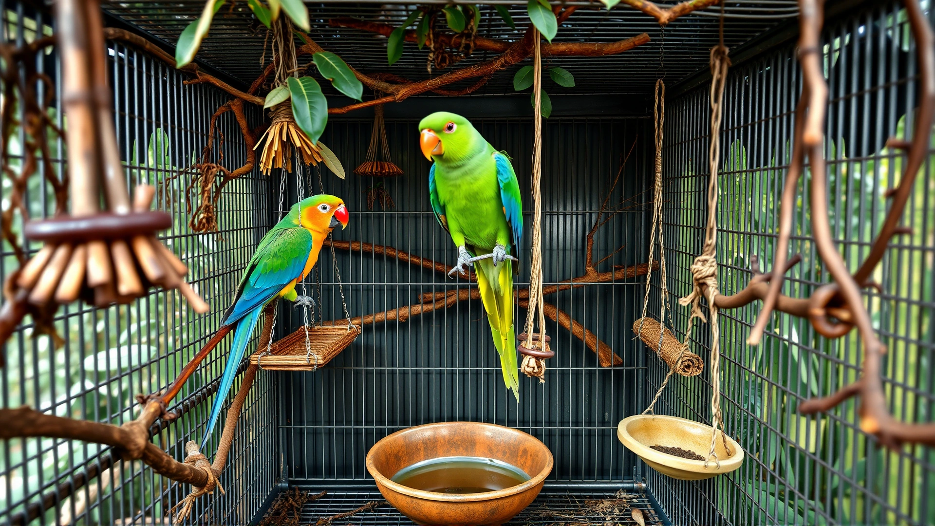 Interior of a parrot cage enriched with natural branches, leaf bundles, swings at different heights, and a shallow bath dish.