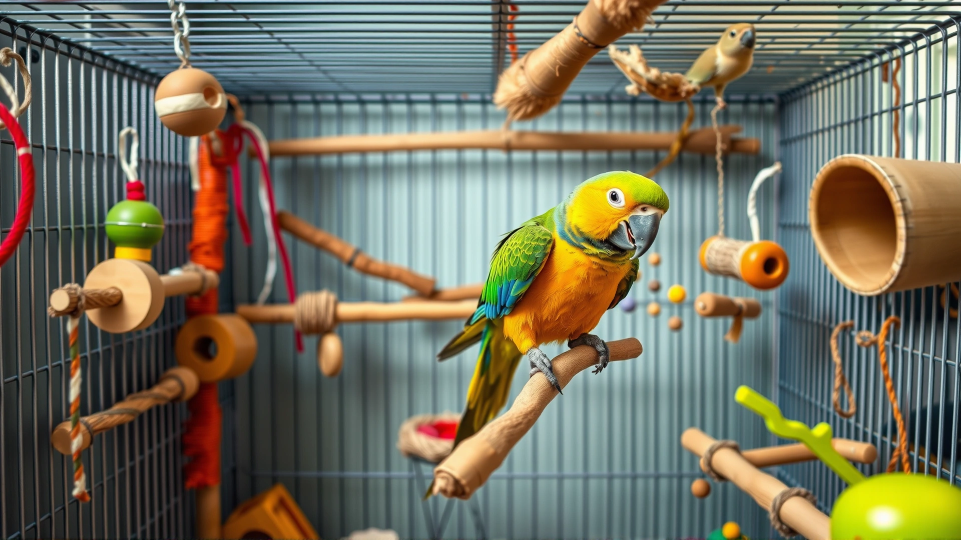 A playful parrot inside a spacious cage filled with various toys, perches, and foraging tools, demonstrating environmental enrichment.