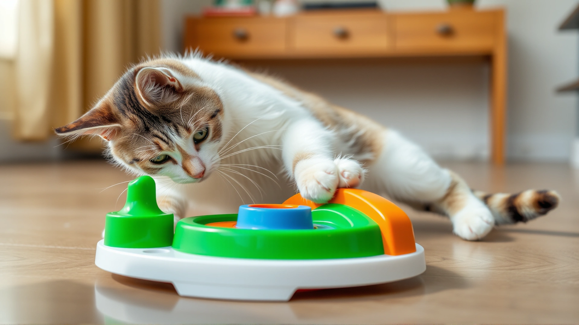 Indoor scene of a cat playing with a colorful puzzle feeder toy on the floor, promoting mental stimulation, daylight.