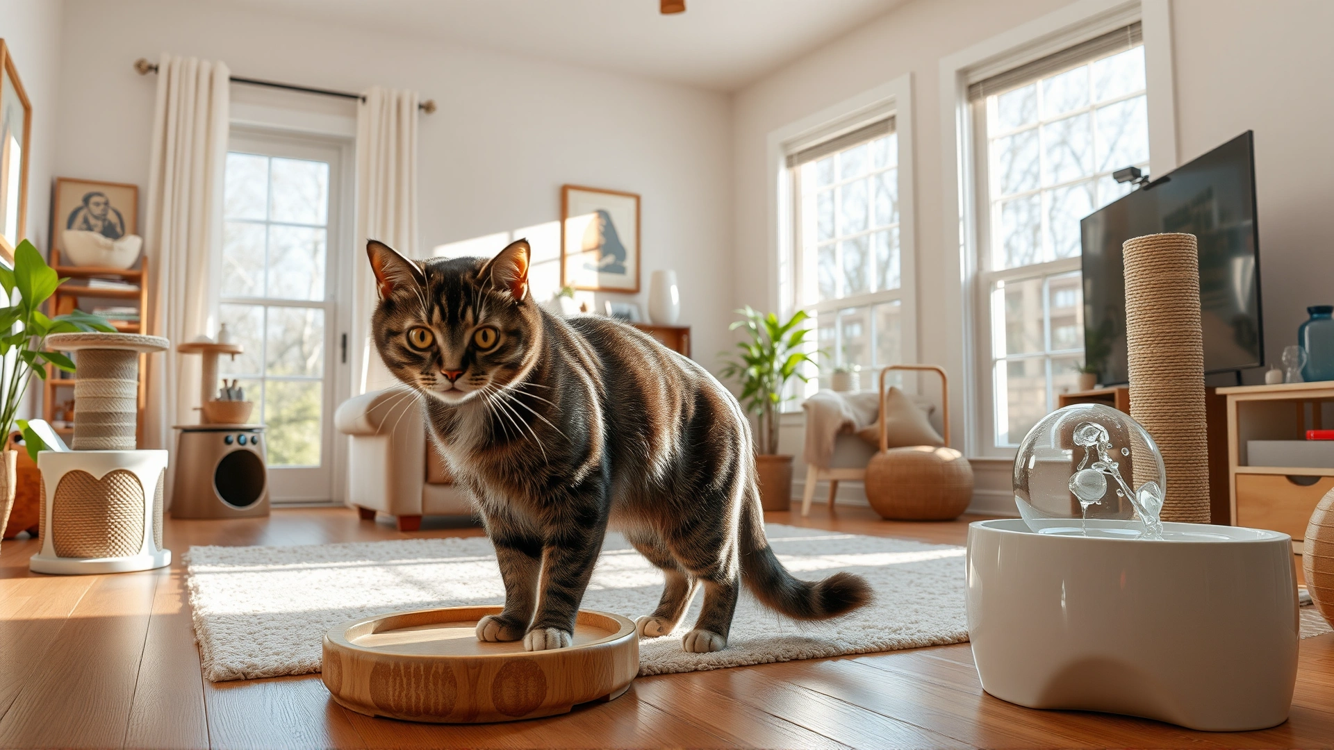 Bright living room filled with cat enrichment items such as scratching posts, interactive toys, and a water fountain, cat exploring the space