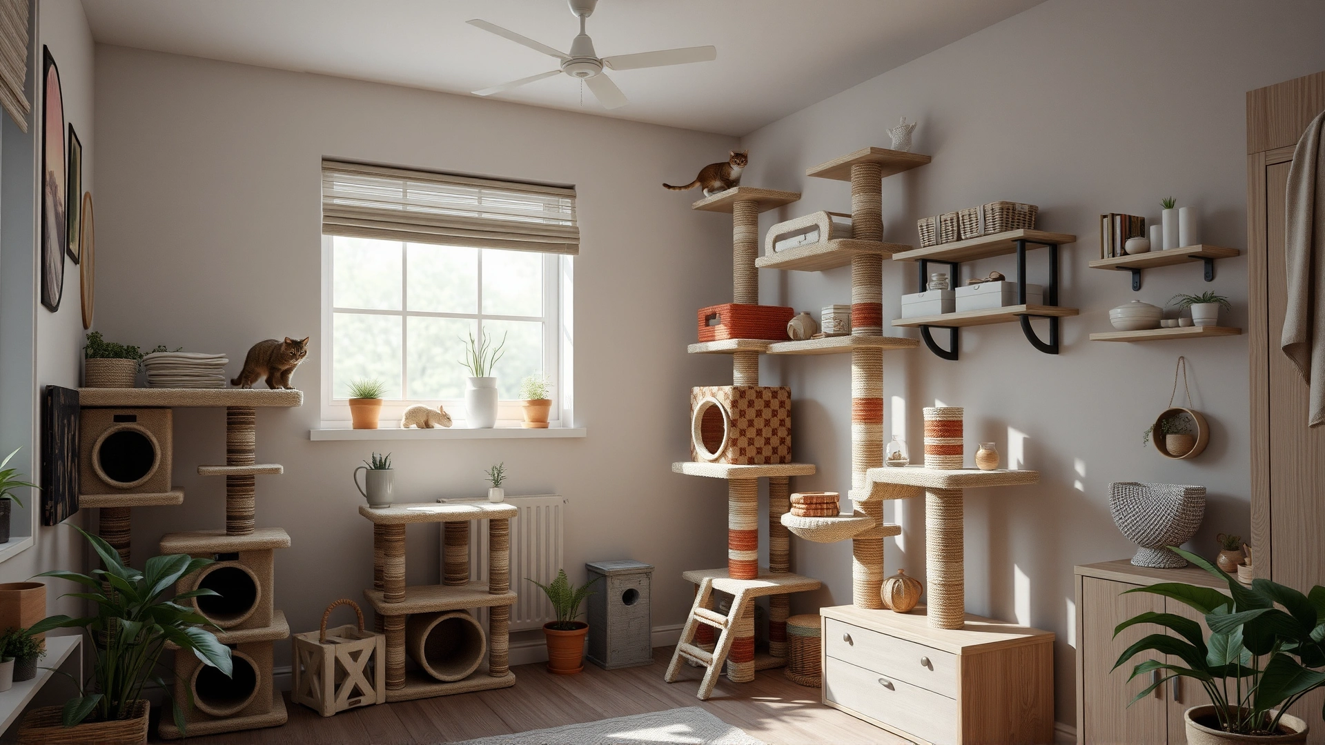 Indoor environment featuring vertical cat trees, shelves, and hiding spots to enrich cat territory, well-lit room, no text