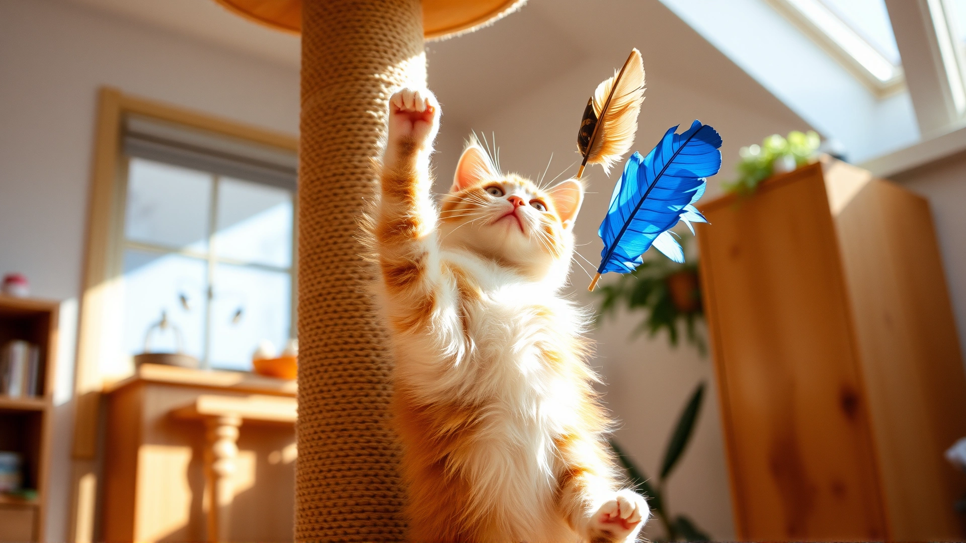 A playful indoor cat climbing a tall cat tree and reaching for an interactive feather toy in a sunlit room.
