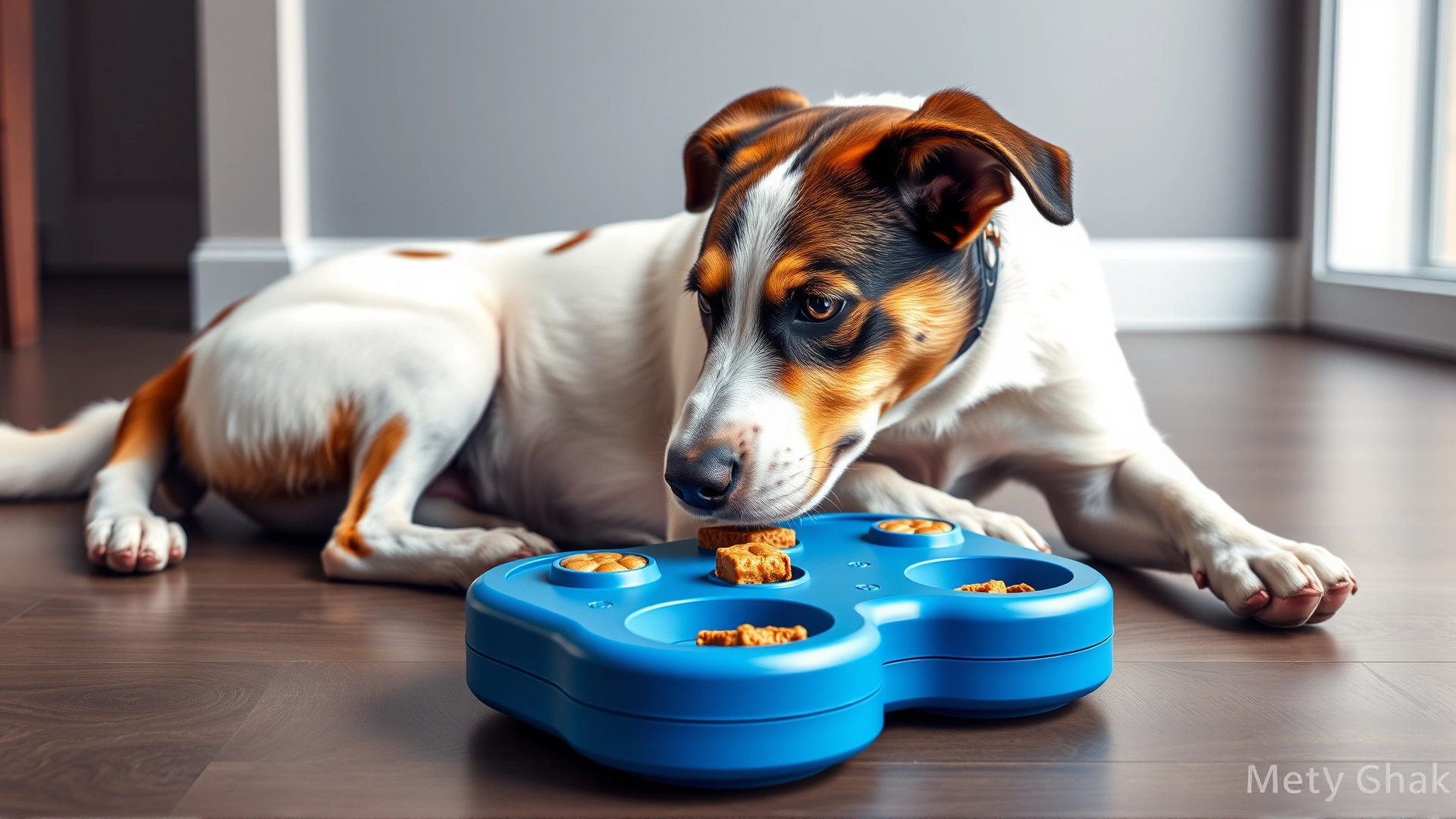 Dog playing with an interactive food puzzle toy on the floor, demonstrating mental stimulation