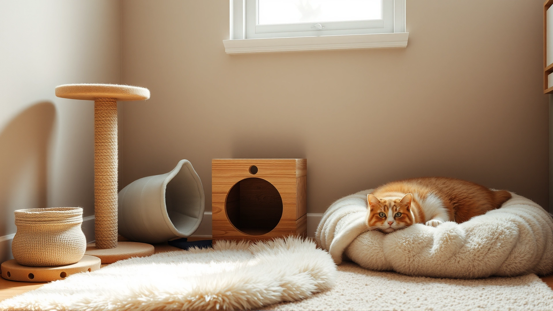 A cozy cat-friendly corner featuring a scratching post, a hiding box, and soft bedding under warm light.