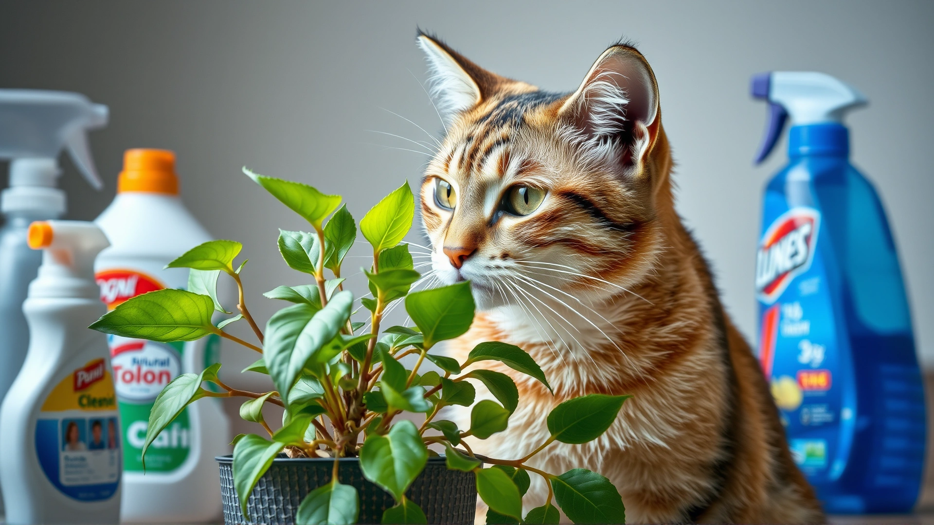 Curious cat sniffing a house plant next to cleaning products with a cautionary visual tone to represent hidden household toxins.