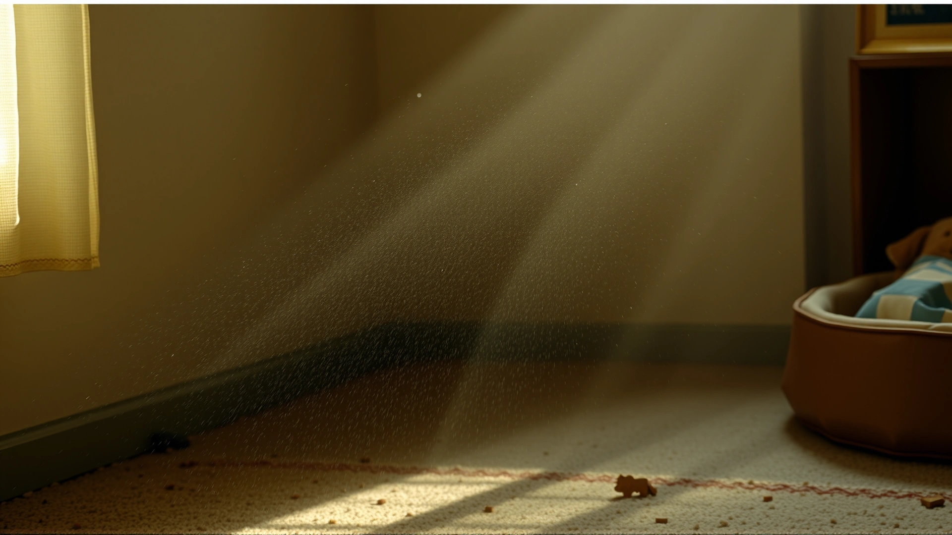 Dusty household corner with visible dust particles floating in sunlight, next to a dog bed