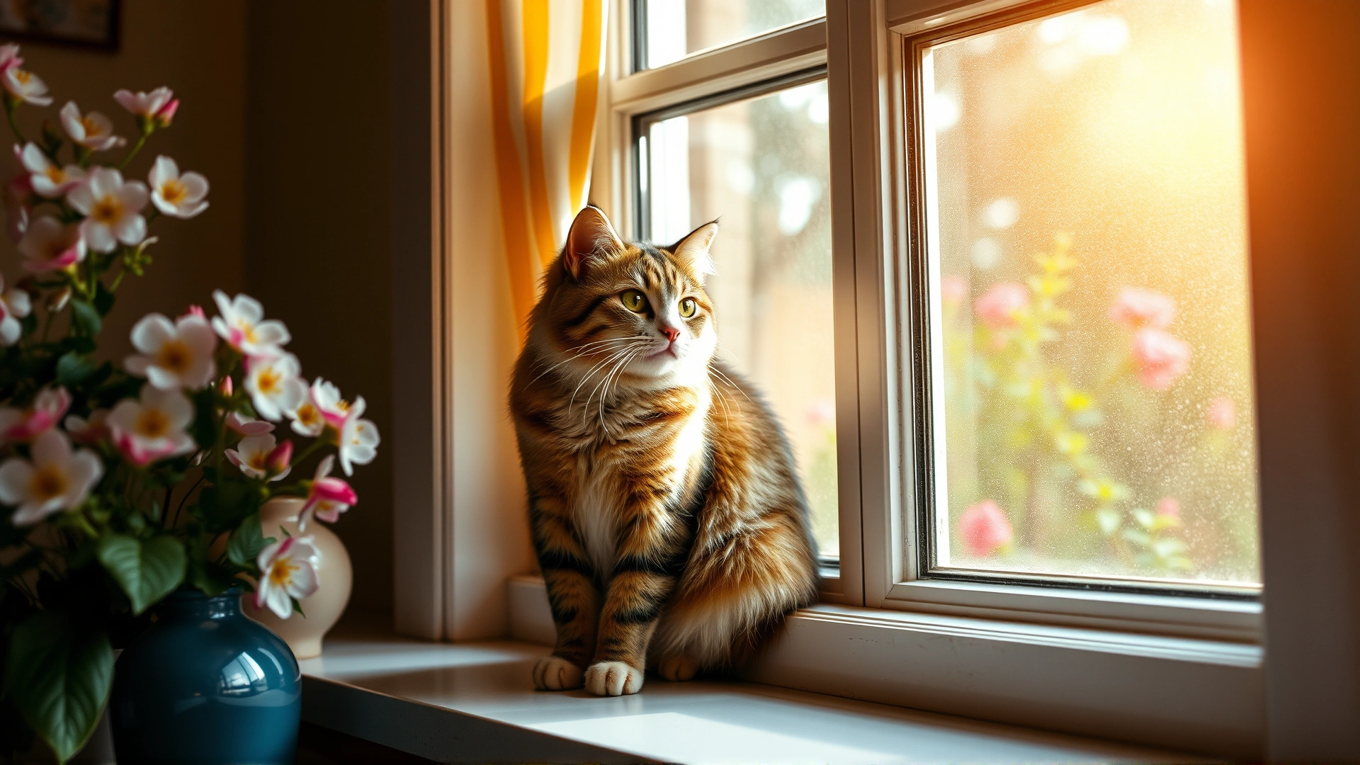 Indoor cat sitting on windowsill with blooming flowers and pollen visible outside, soft daylight.