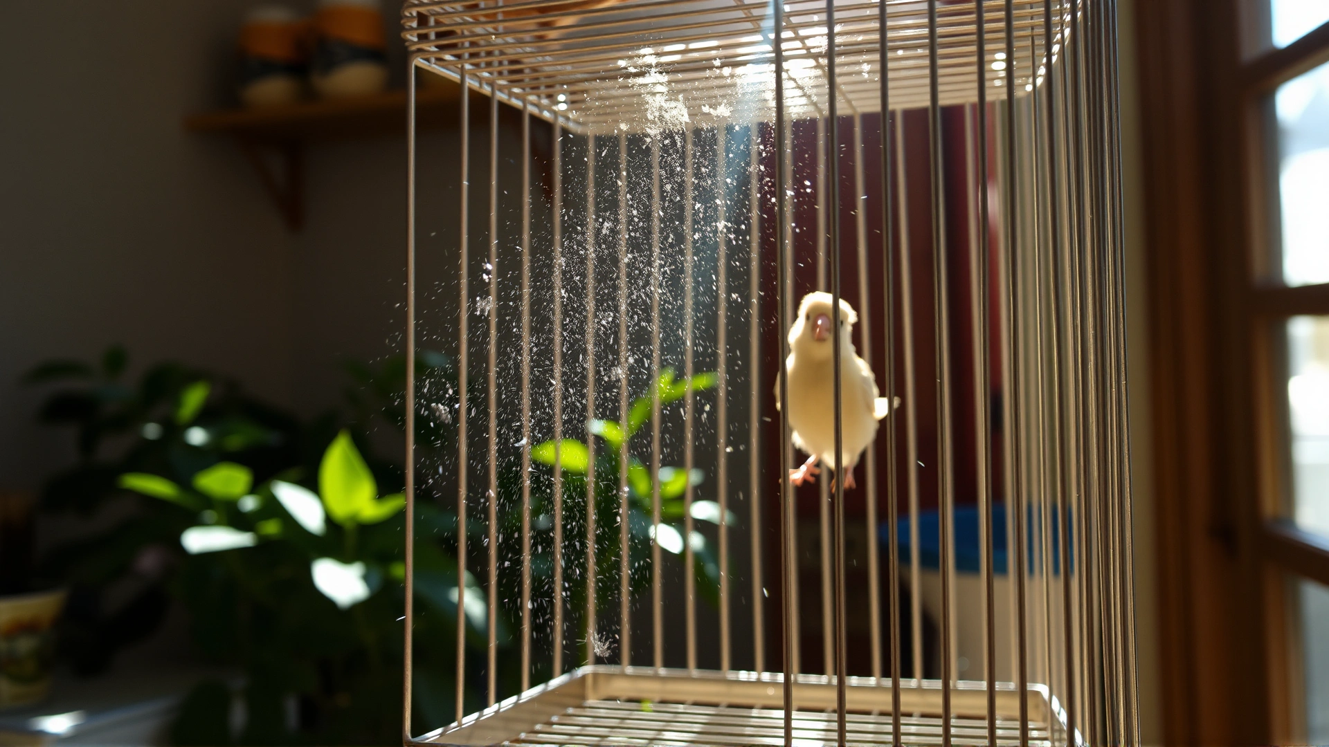 Household scene showing a bird cage with visible dust particles floating in a sunbeam, plants in the background