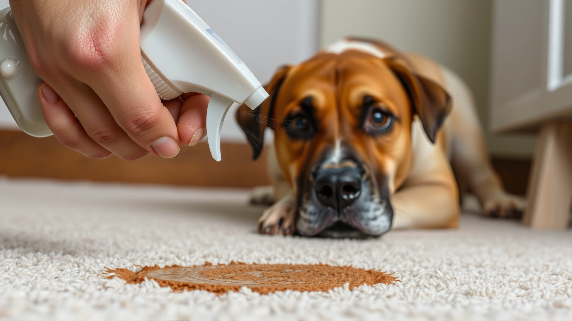 Close-up of a hand spraying enzymatic cleaner on a carpet stain with a curious dog watching in the background