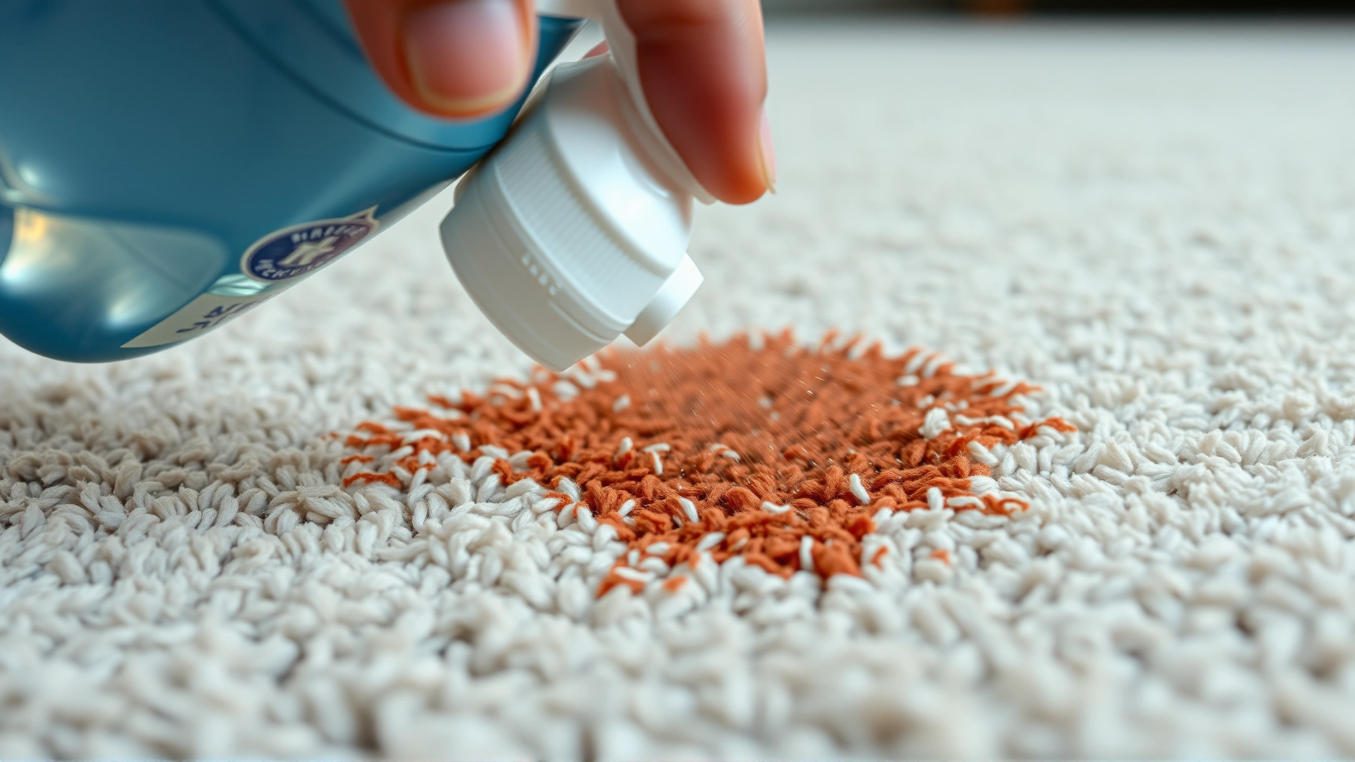 Close-up shot of a human hand spraying an enzymatic cleaner on a carpet stain, slight motion blur, focus on spray and carpet fibers.