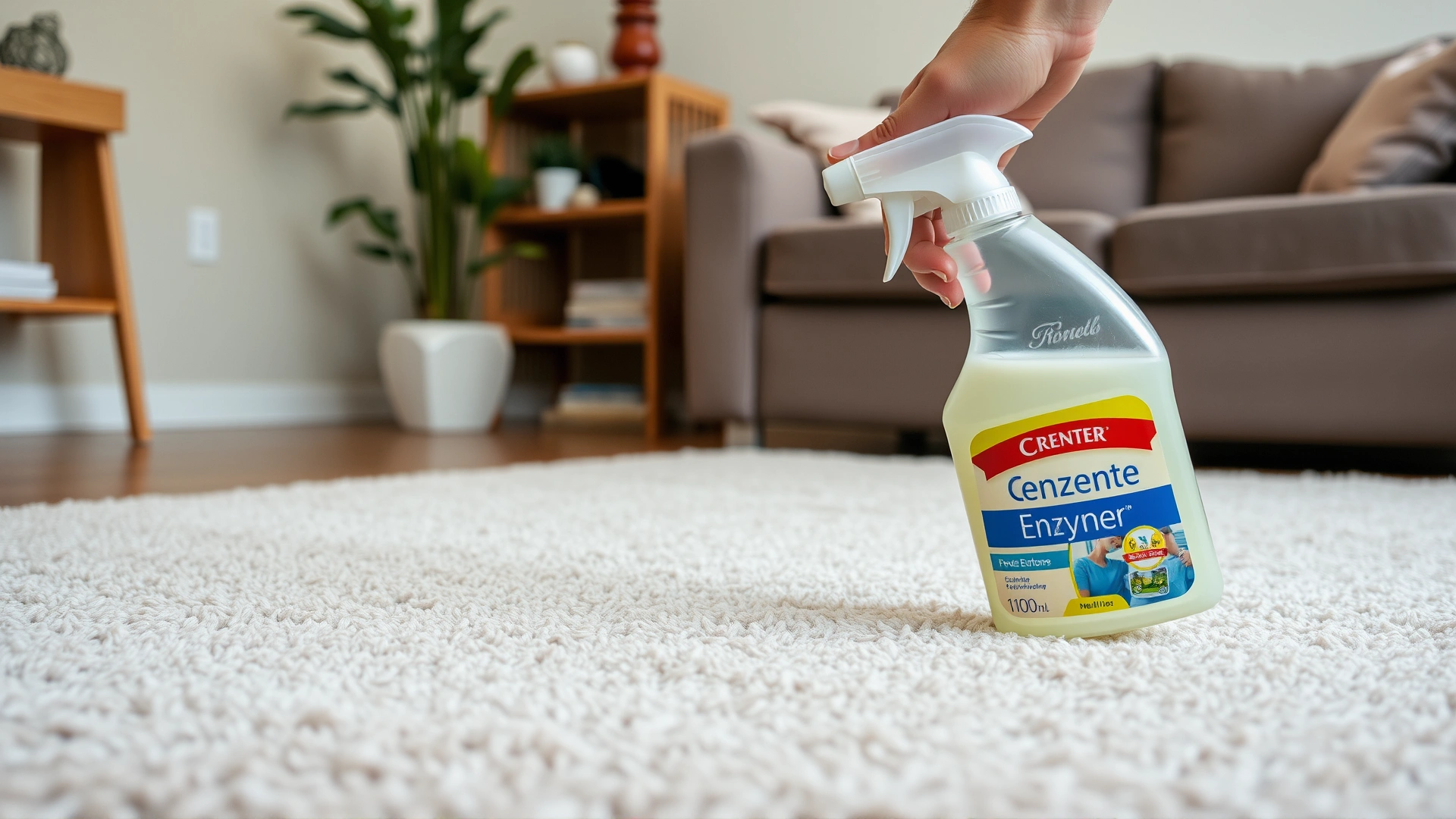 Hand with spray bottle applying enzymatic cleaner on a living room carpet.