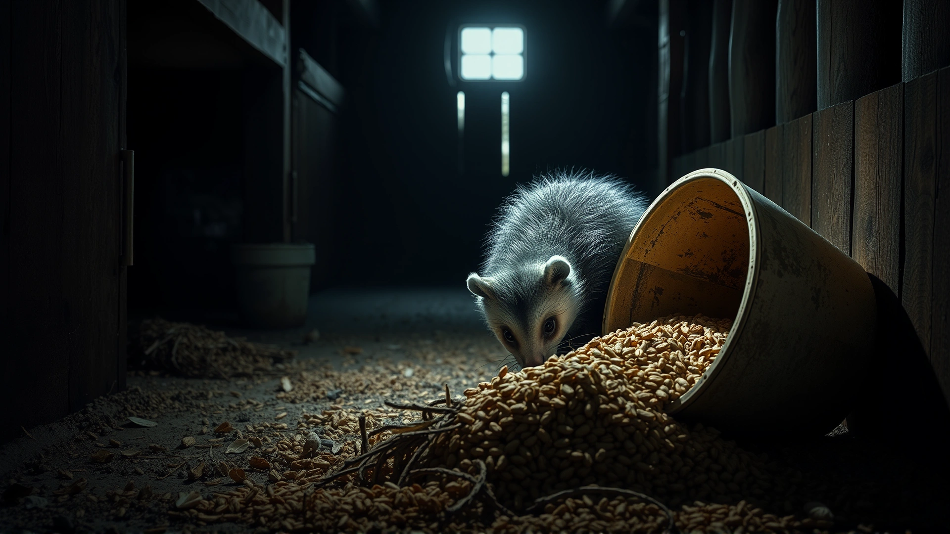 Opossum rummaging near an open horse feed bucket at night inside a dimly lit barn