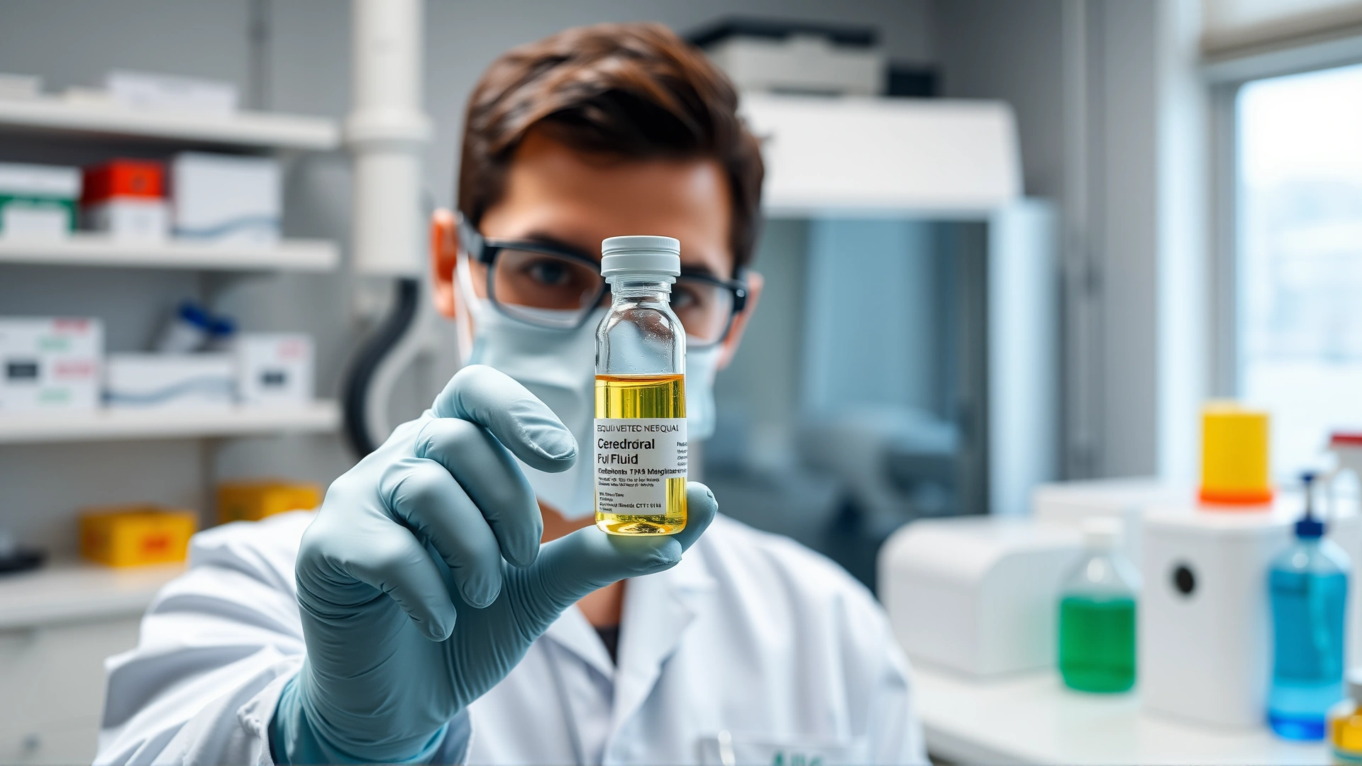 Laboratory technician holding a vial of equine cerebrospinal fluid in a modern veterinary lab with analysis equipment in the background