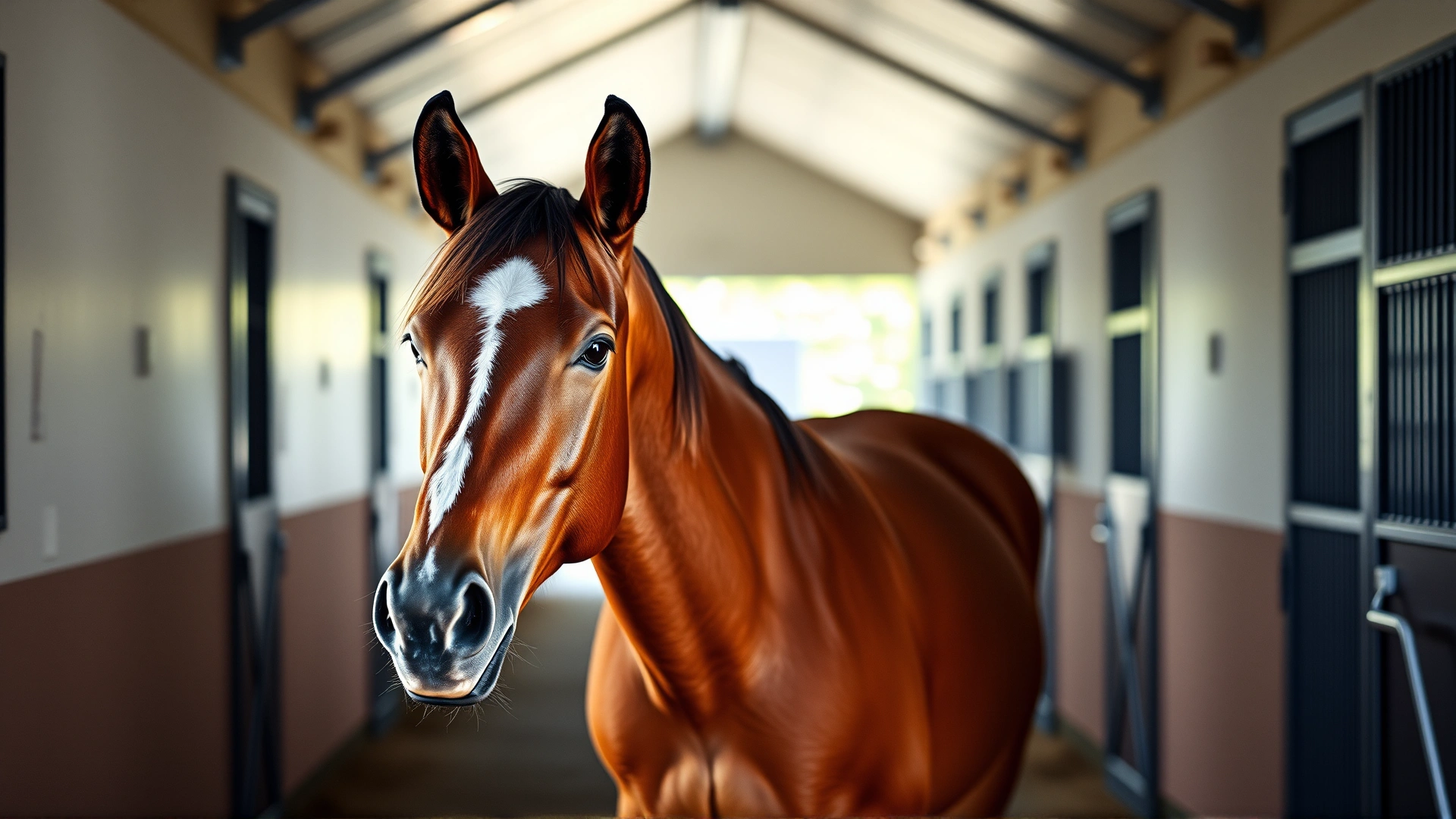 Portrait of an alert healthy horse standing in a clean stable aisle, shallow depth of field, natural lighting