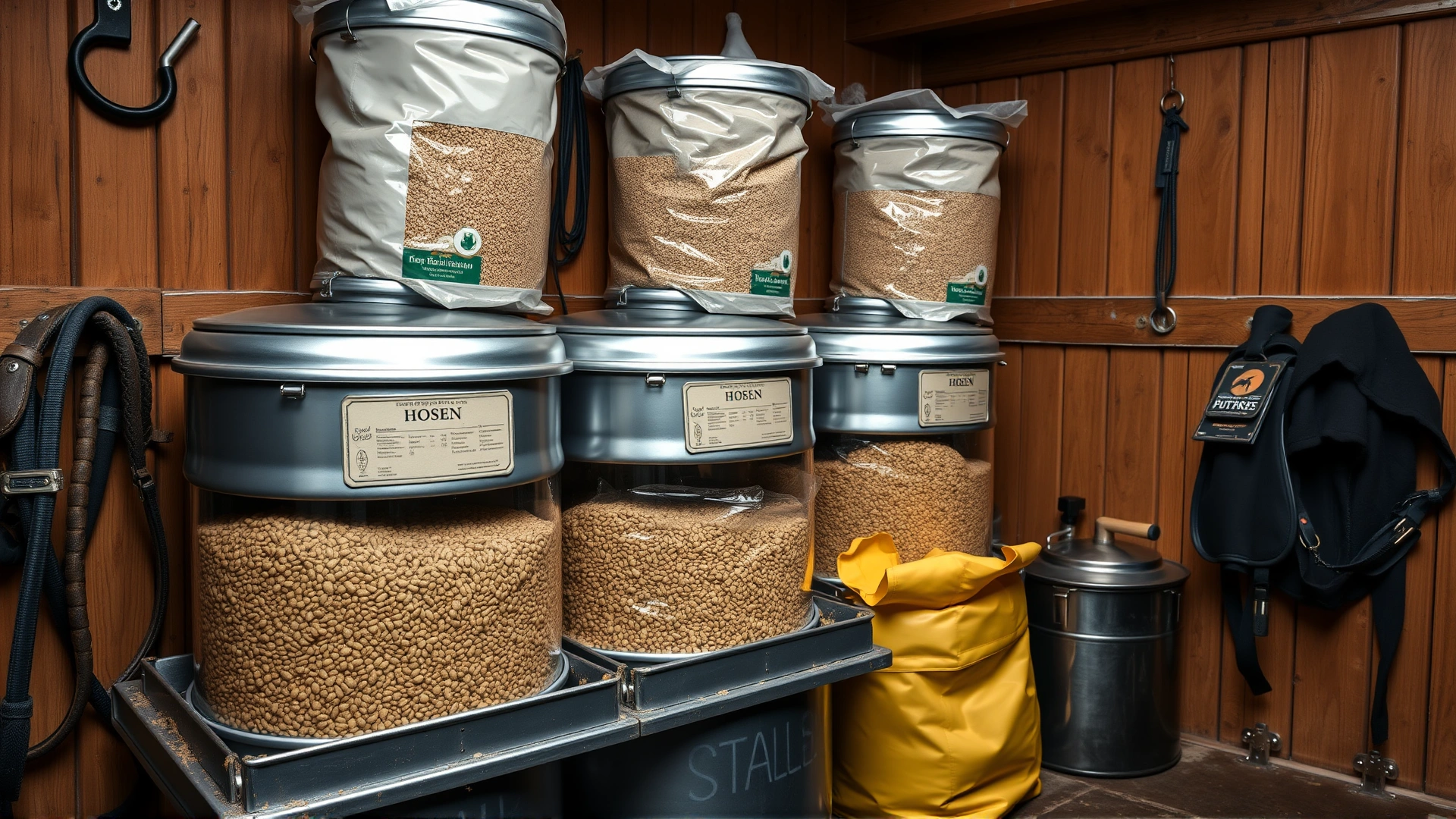 Horse feed stored in sealed metal bins inside a tidy tack room, showcasing proper biosecurity practices