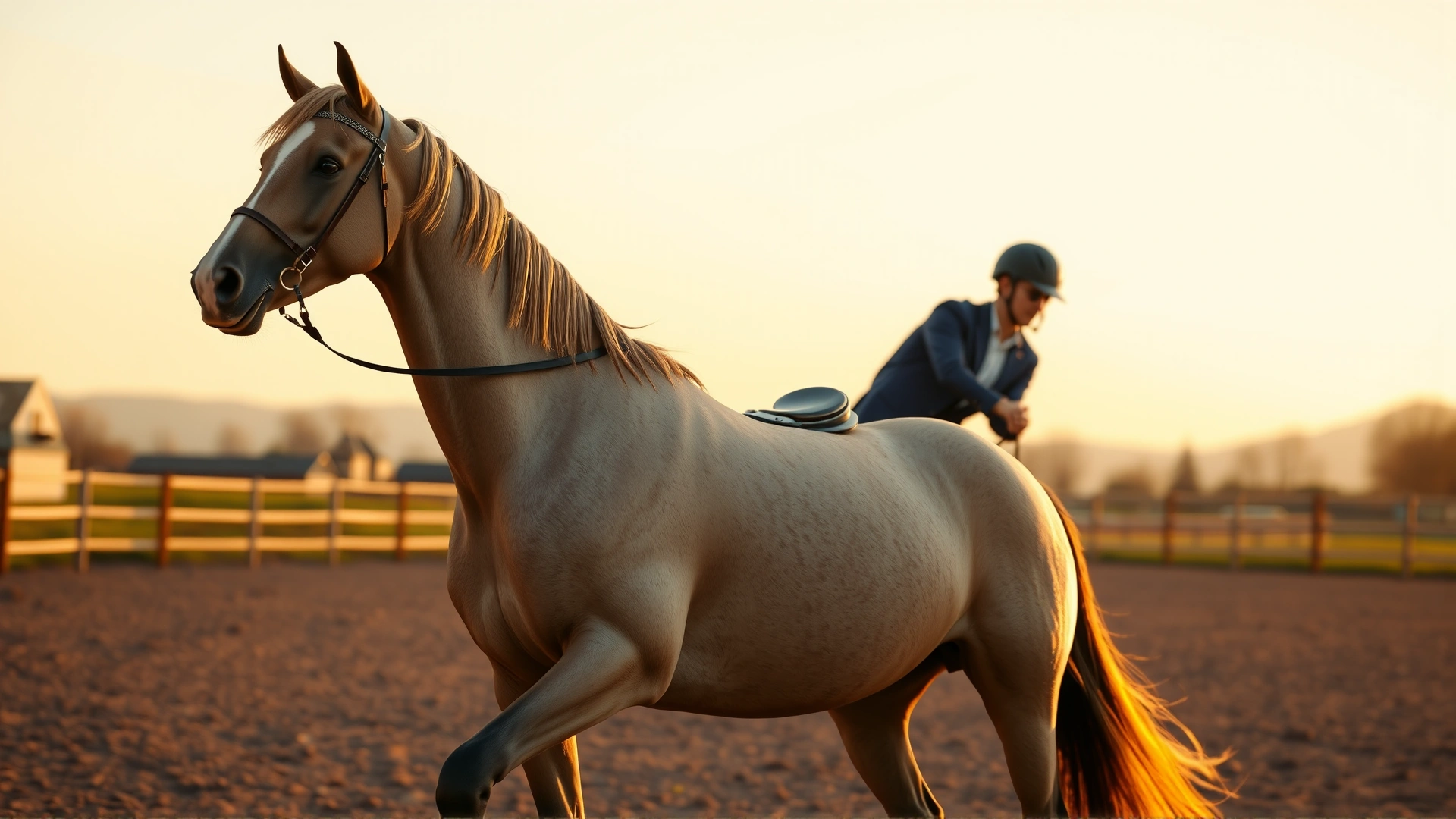 Horse and rider trotting confidently in an outdoor arena during golden hour, symbolizing successful recovery