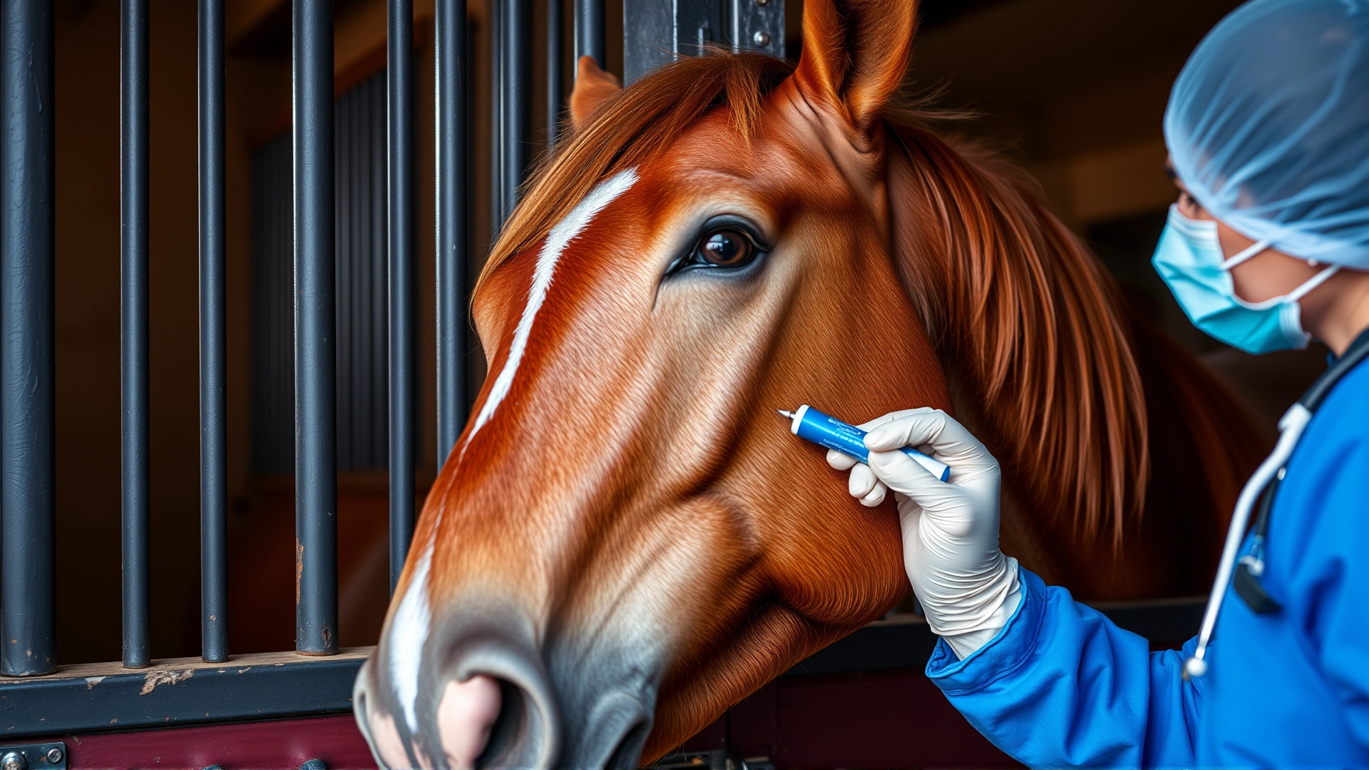 Close-up of a vet administering oral paste medication to a calm chestnut horse inside its stall