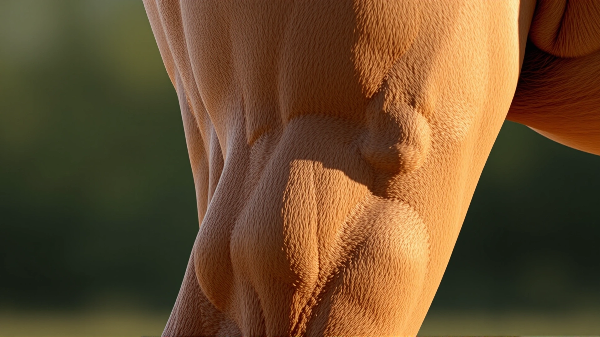 Illustrative photograph of a horse’s hind leg close-up highlighting muscles and joints without any annotations.