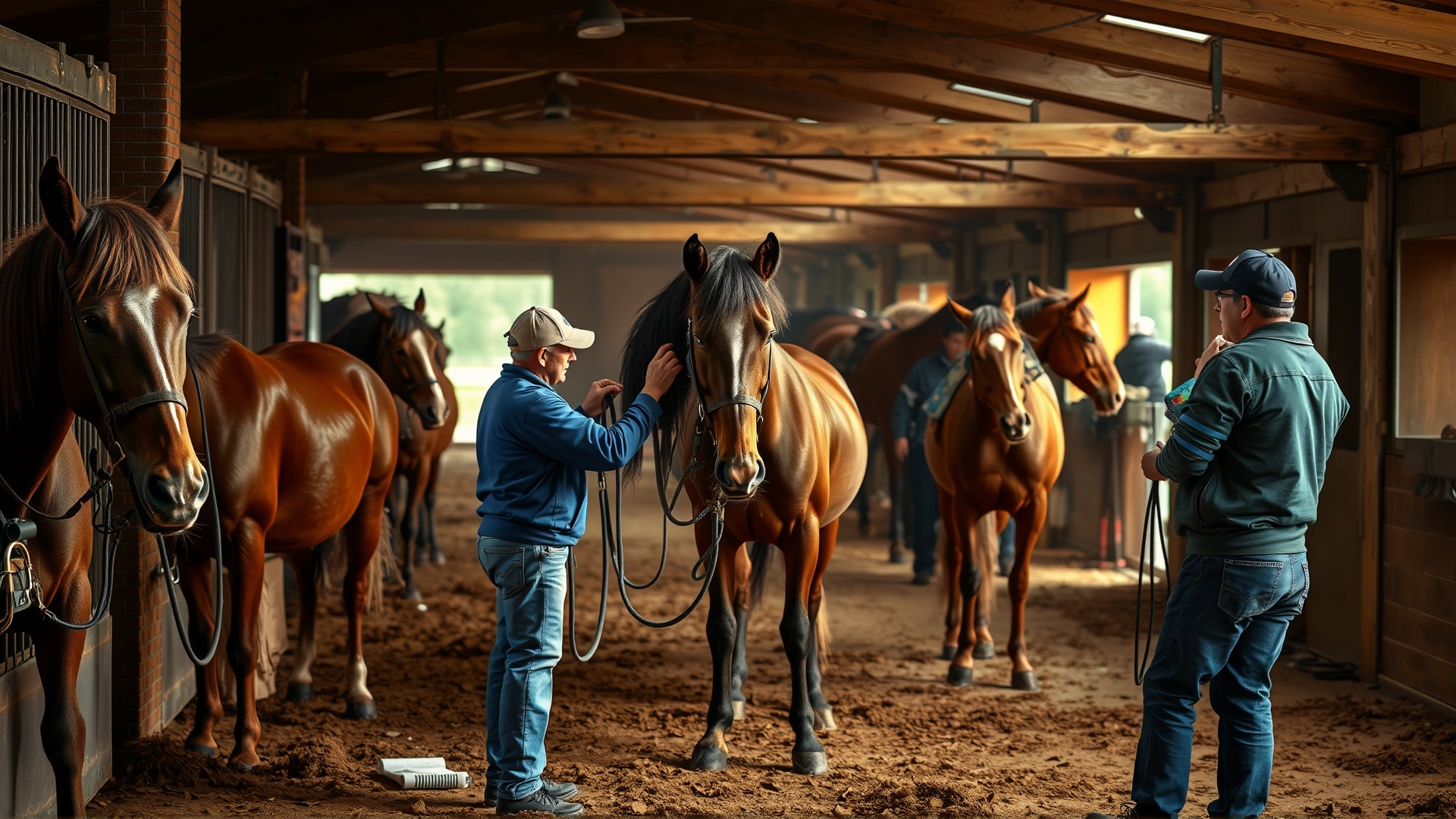 Stable scene showing multiple horses being groomed and checked by owners, emphasizing routine care.