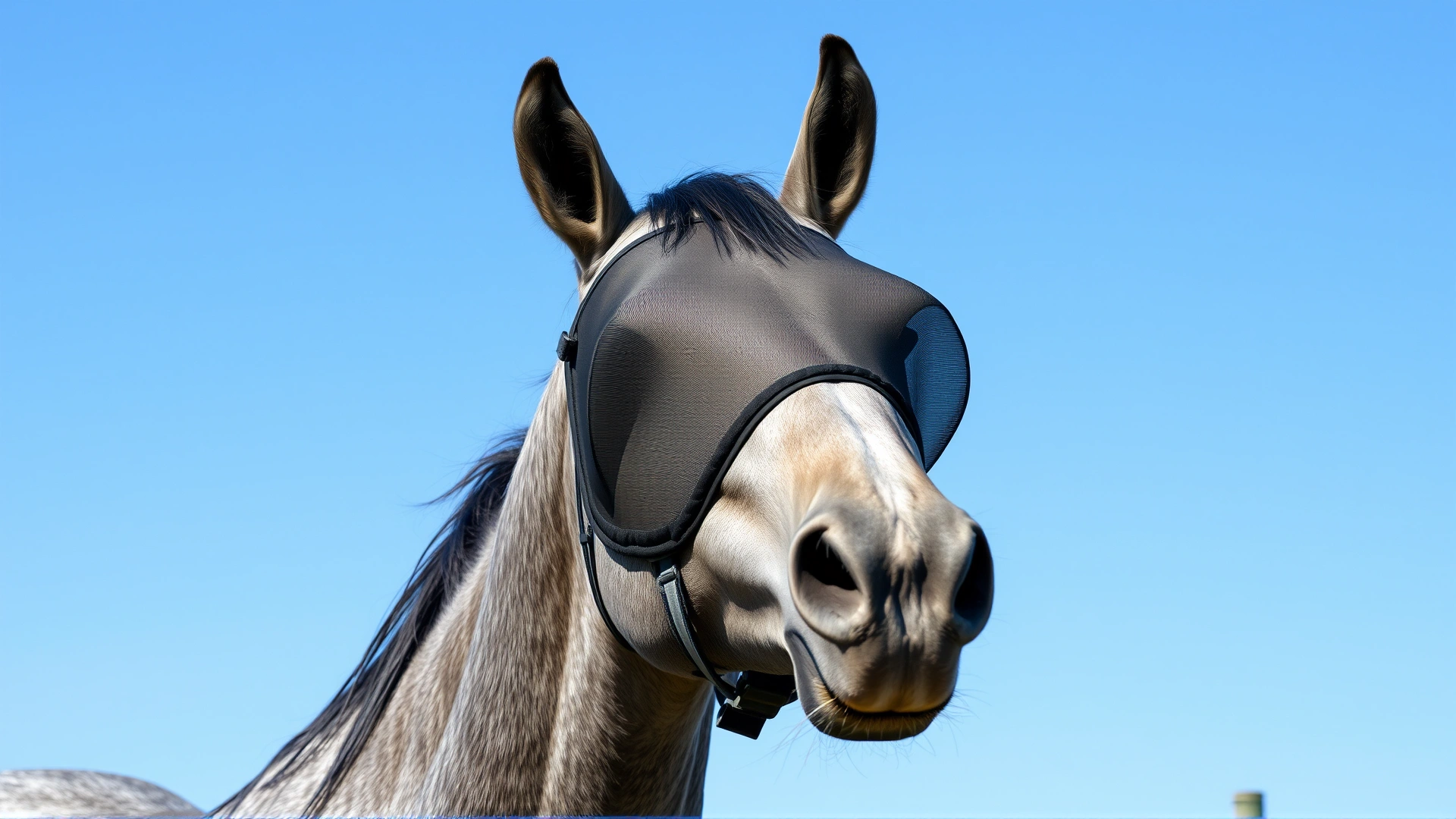 Happy grey horse wearing a fly mask in a sunny paddock, ears perked forward, symbolizing preventive eye care