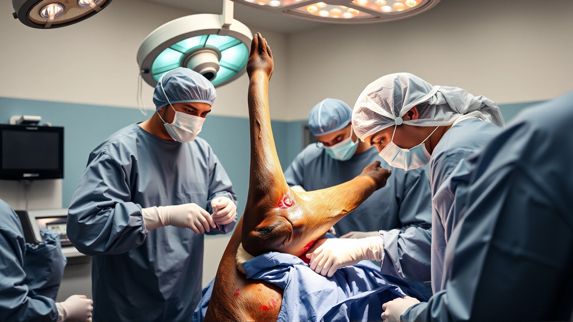 Clean surgical theater scene where a veterinary team performs tendon surgery on an anesthetized horse hind limb, minimal visible blood