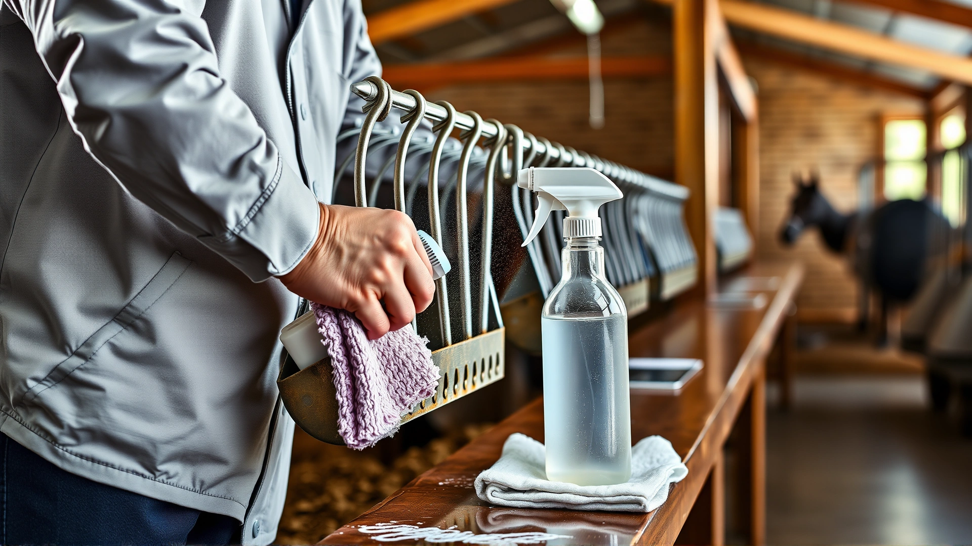Stable staff disinfecting metal breeding equipment with a spray bottle and cloth on a clean workbench to illustrate hygiene practices.