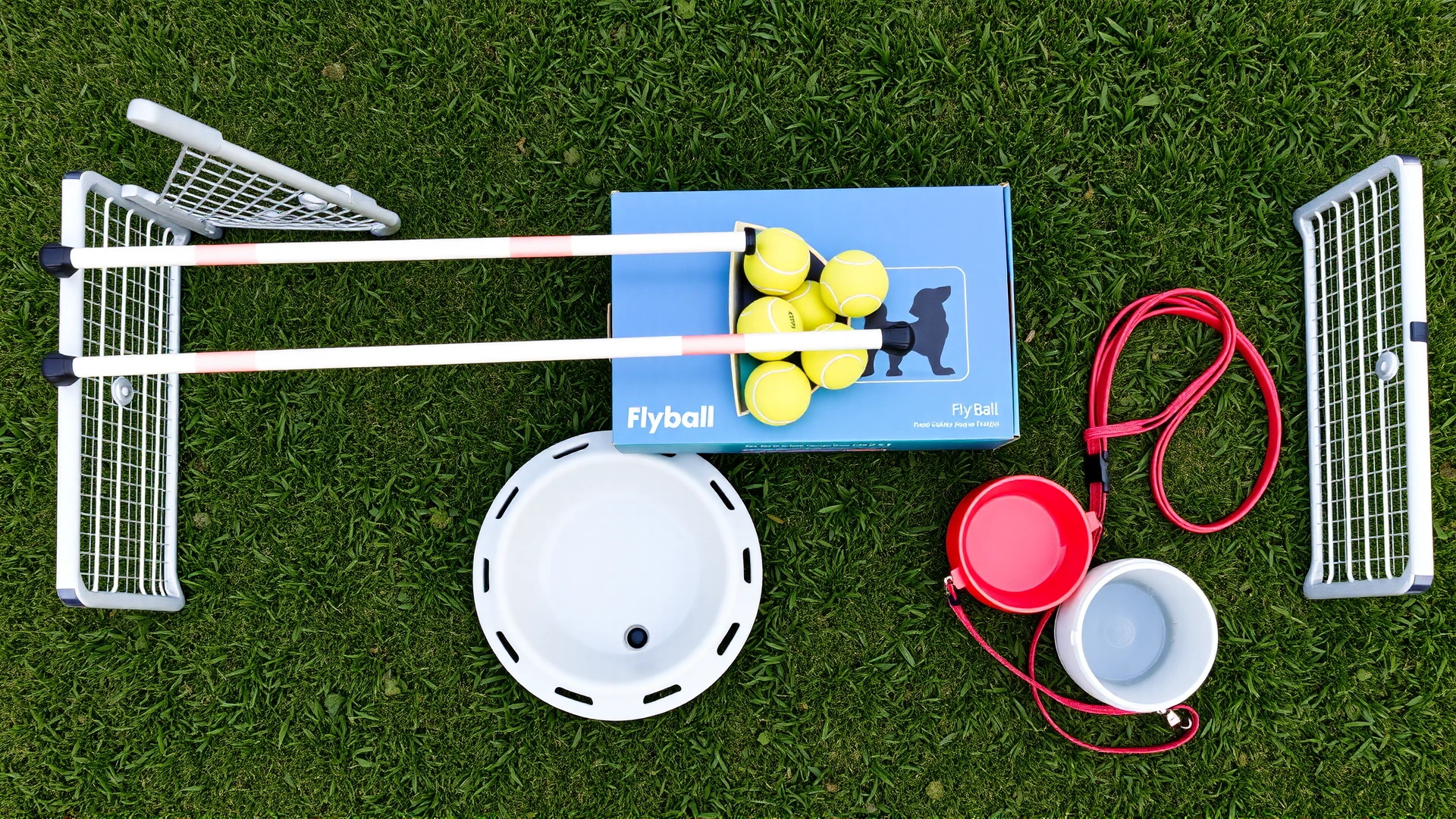 Top-down view of flyball equipment neatly arranged on green grass: adjustable hurdles, flyball box, multiple tennis balls, water bowl and leash