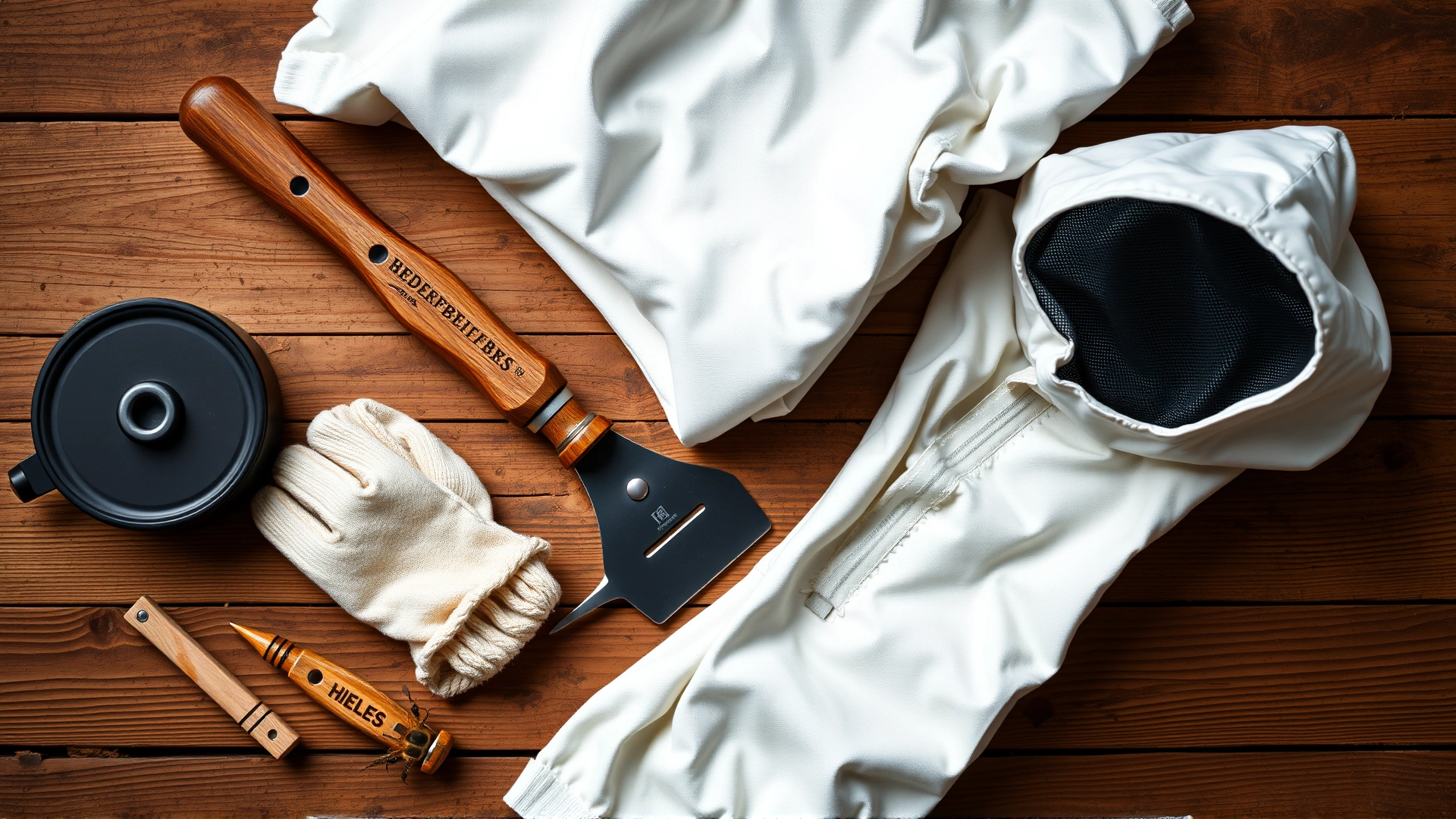Flat lay composition of essential beekeeping tools—smoker, hive tool, protective gloves, and a folded white bee suit—arranged on a rustic wooden surface.