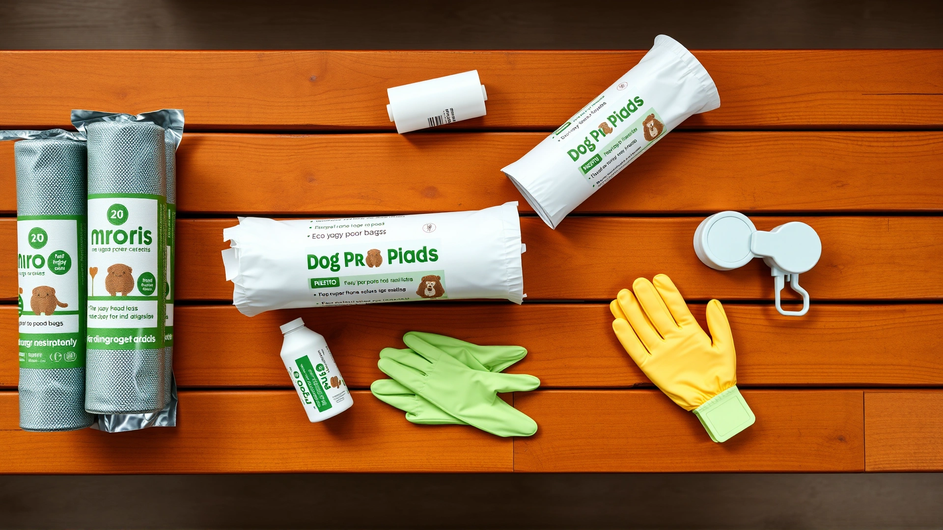 Flat lay on a wooden table of eco-friendly dog poop bags rolls, a small hand sanitizer bottle, disposable gloves, and a clip-on bag dispenser.