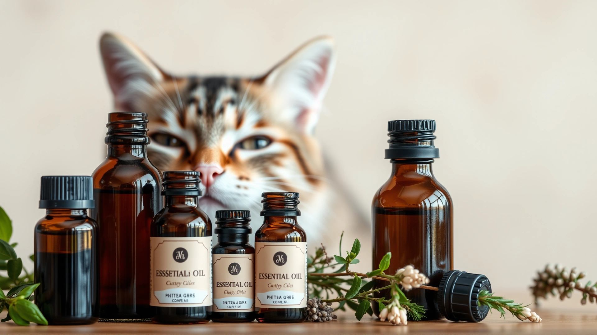 Assorted amber glass bottles of essential oils with fresh herbs beside a curious cat sniffing, soft focus