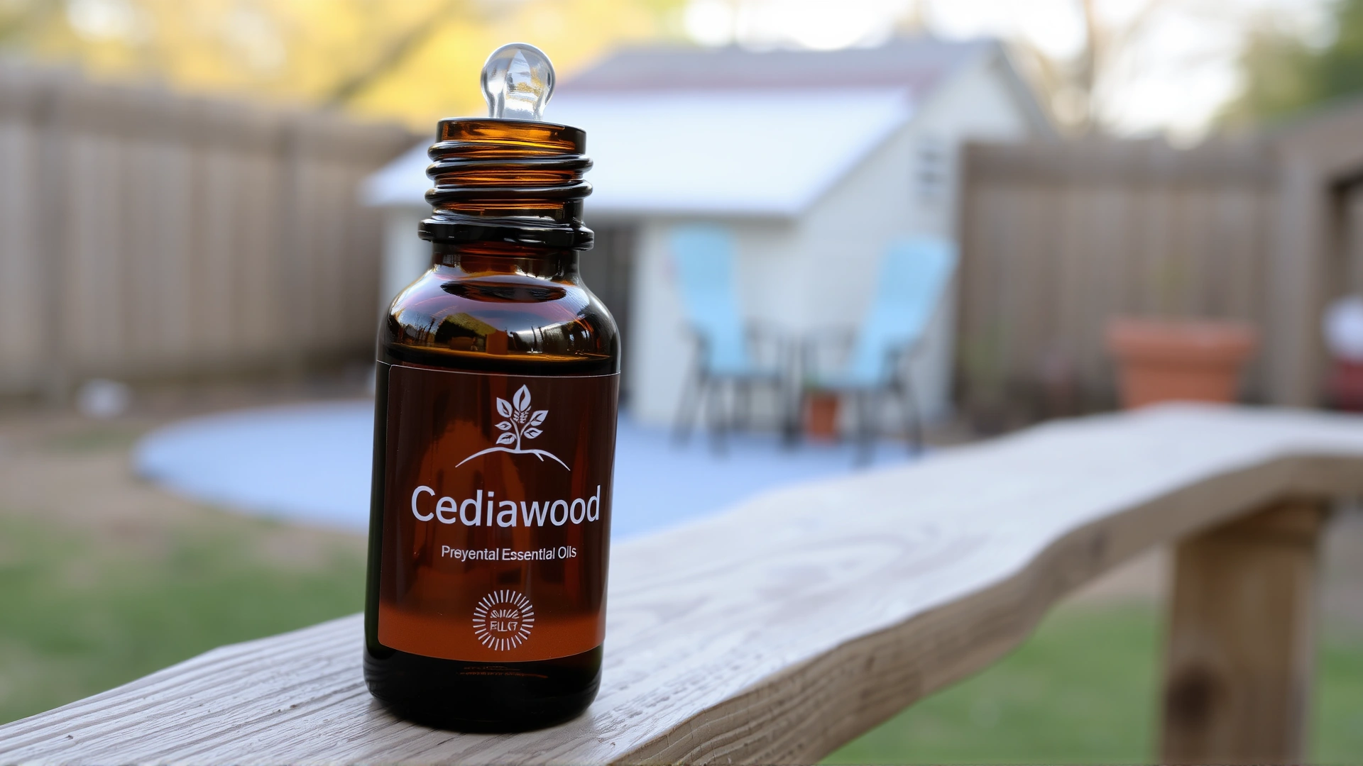Small amber glass bottle with dropper of cedarwood essential oil placed on wooden table outdoors with blurred yard in background.