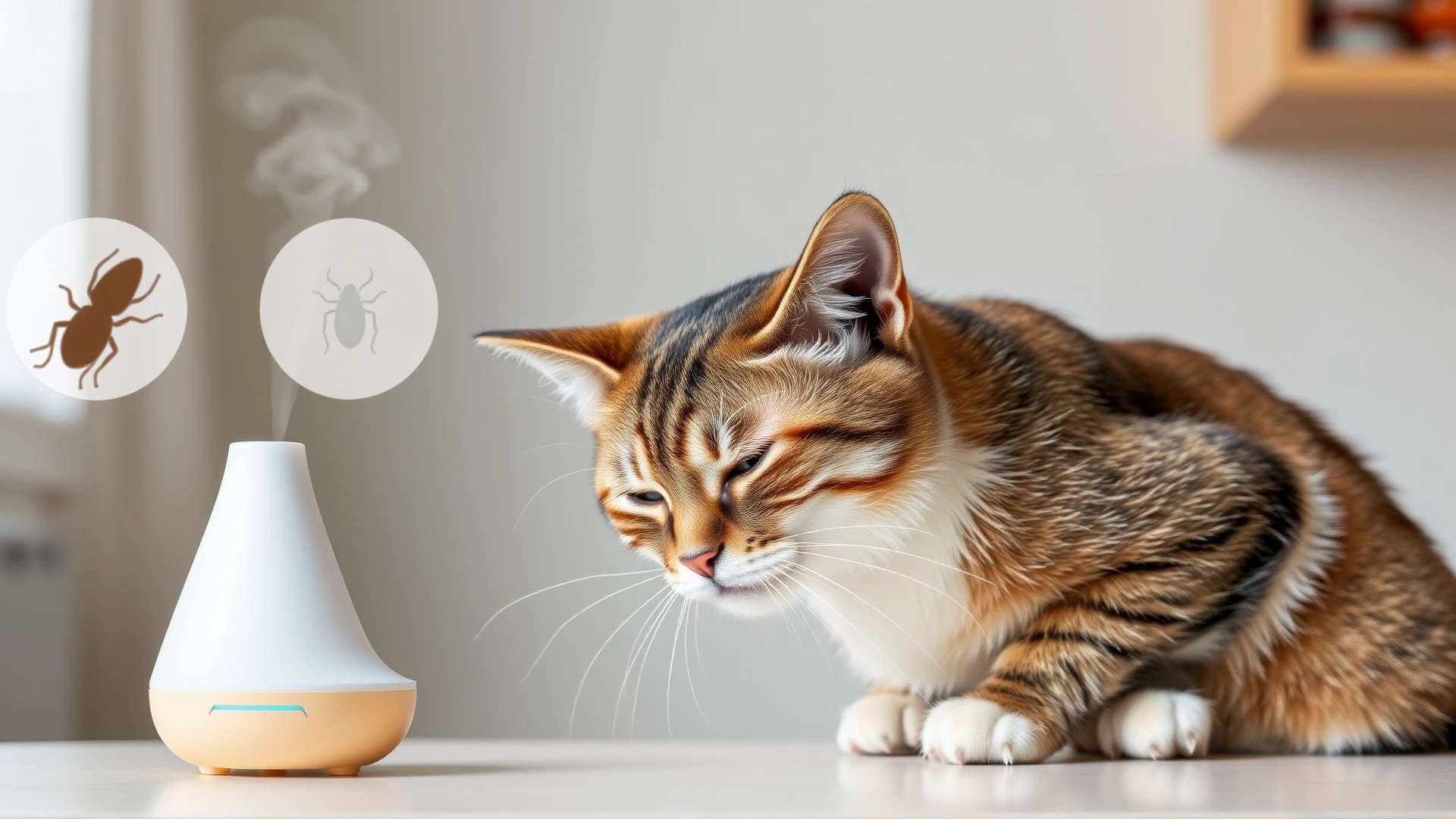 Domestic cat cautiously sniffing an open essential oil diffuser emitting gentle vapor, with small icons of fleas and ticks subtly blurred in background to suggest repellent concept