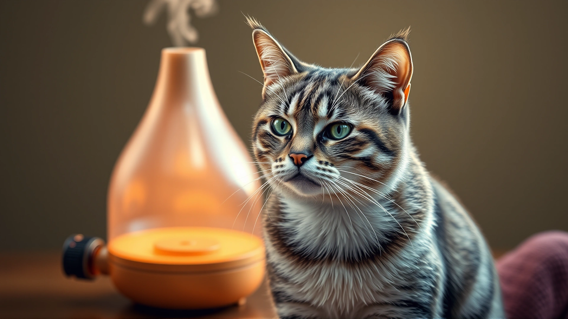 Cat standing near a tipped essential oil bottle with a diffuser emitting vapor in the background, cat looks uneasy, soft warm lighting.
