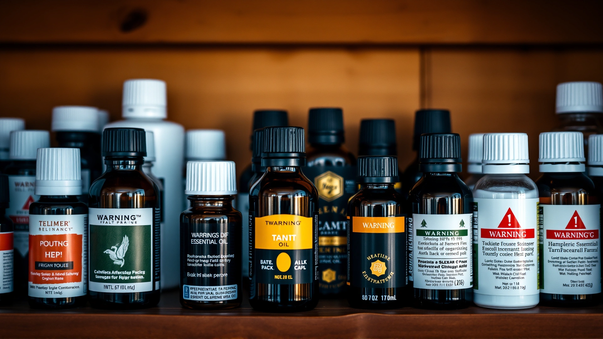 Various essential oil bottles organized on a wooden shelf, with warning labels in soft focus.