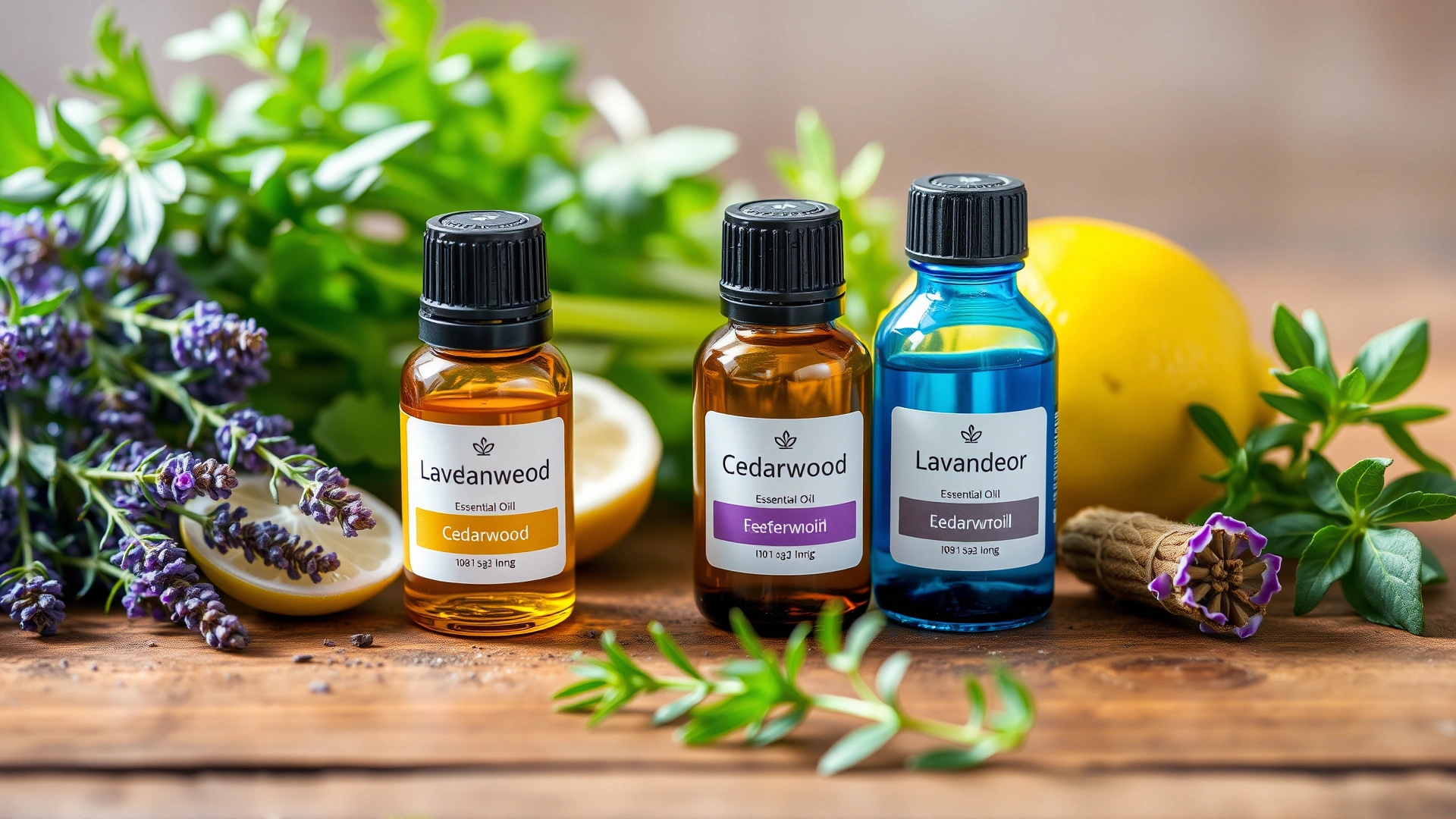 Small glass bottles of lavender, cedarwood, and lemon essential oils on a wooden table next to fresh herbs, soft natural light.
