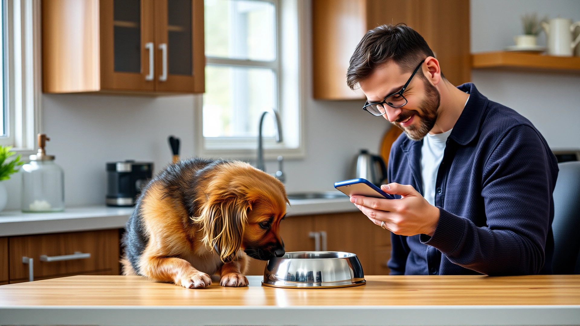 Owner checking a daily schedule on a phone while feeding the dog from a stainless steel bowl in the kitchen.