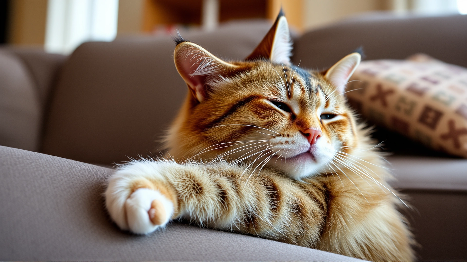 Photo of a female cat displaying typical heat behavior by rubbing against furniture in a cozy home environment, warm lighting, no text.