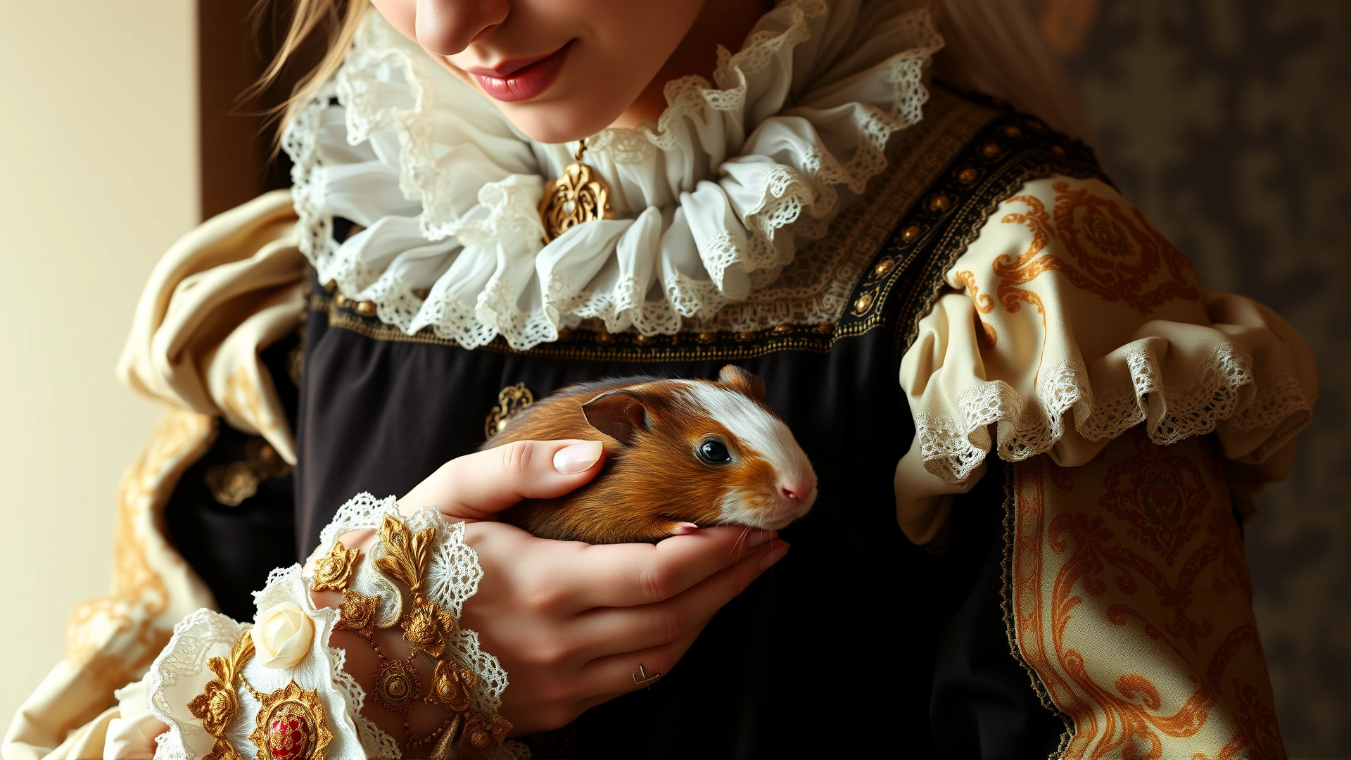 16th-century European noblewoman in ornate Renaissance dress gently holding a guinea pig, oil-painting style