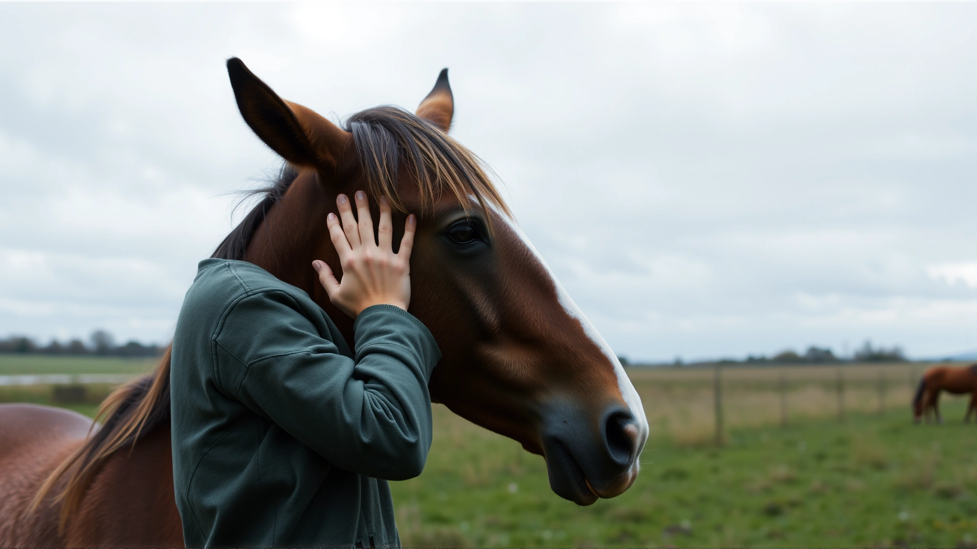 Touching moment of a person gently hugging a horse's head in a quiet pasture, overcast sky, conveying farewell, no text