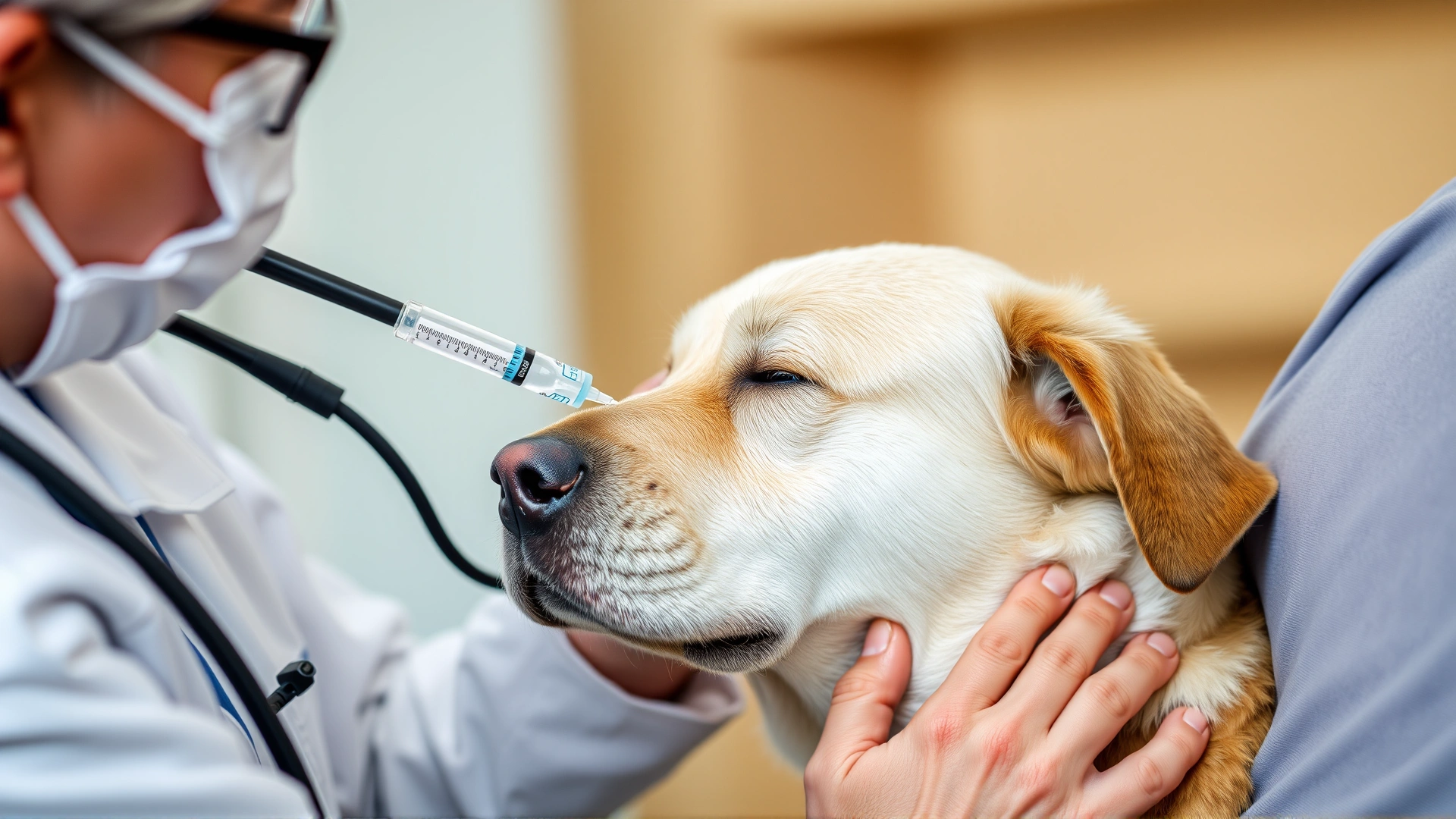 Respectful, softly lit image of a veterinarian administering an intravenous injection to a sedated senior dog, with the owner’s comforting hand on the dog’s back.