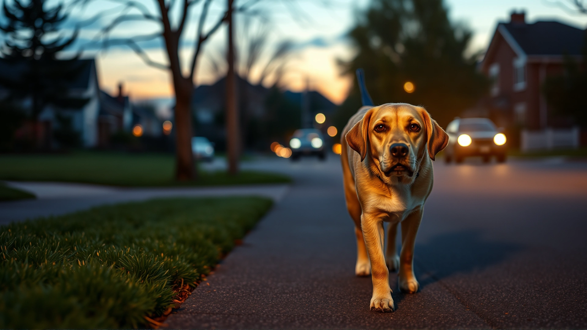 Owner walking a medium-sized dog during twilight in a quiet suburban street; dog appears relaxed and tired