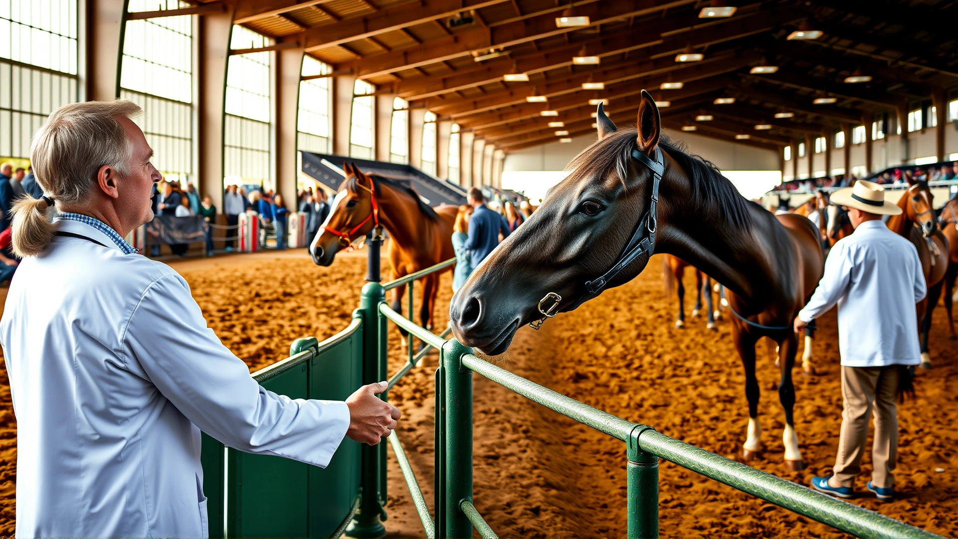 A bustling horse show arena where a veterinarian is shaking hands with a horse owner while spectators watch horses being paraded in the background.