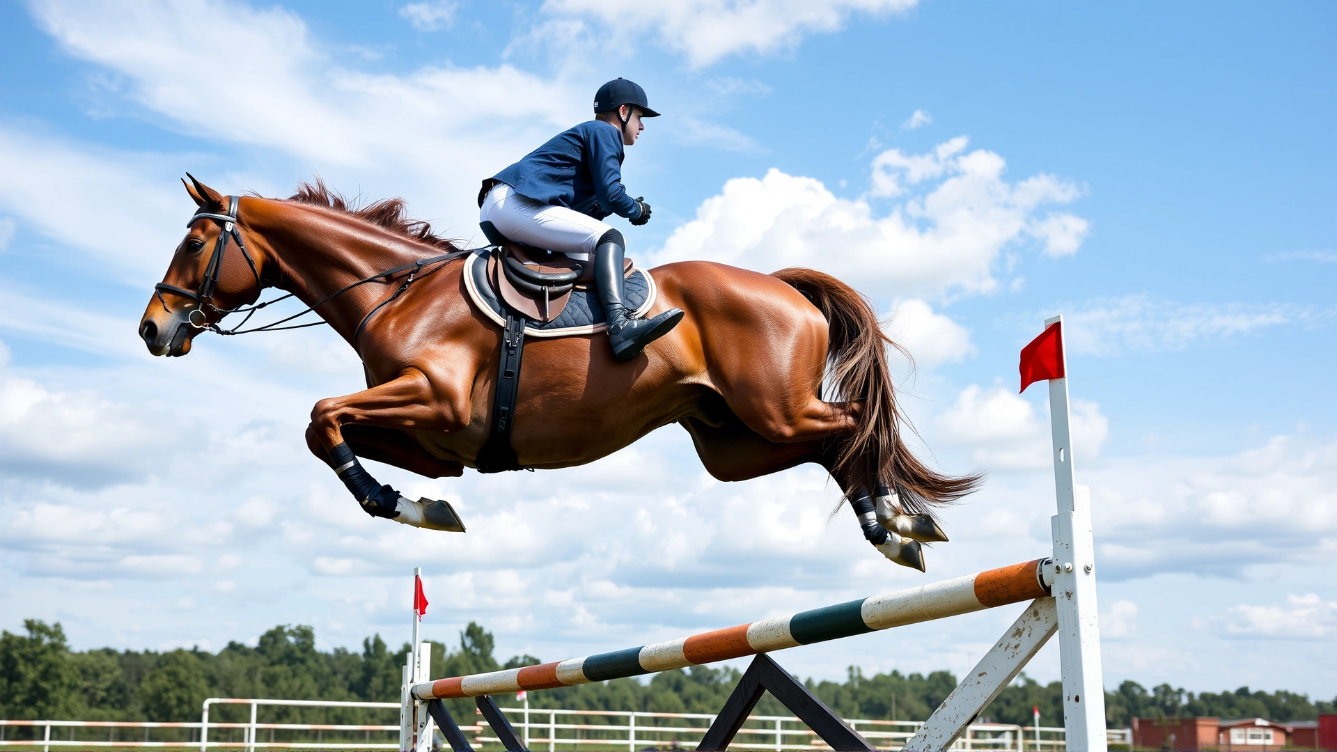 French Anglo-Arab horse and rider mid-air over a cross-country jump during an eventing competition, dynamic angle, no text.