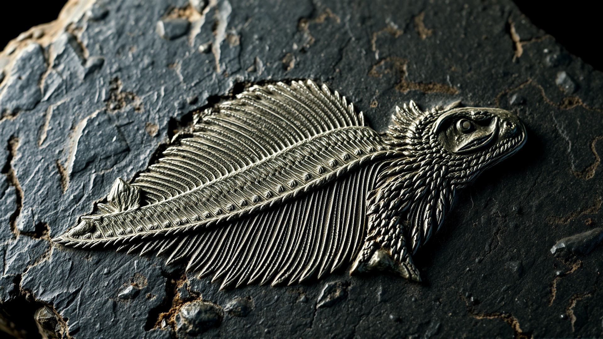 High-detail photograph of a feathered dinosaur fossil embedded in slate rock, side lighting emphasizing feather imprints