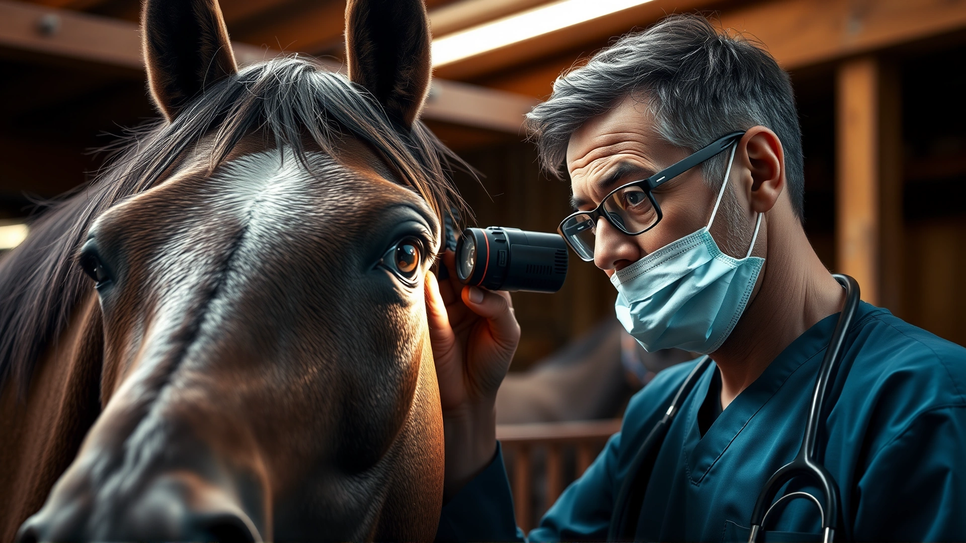 Veterinarian wearing a headlamp gently examining a horse’s eye in a stable, demonstrating professional ocular inspection