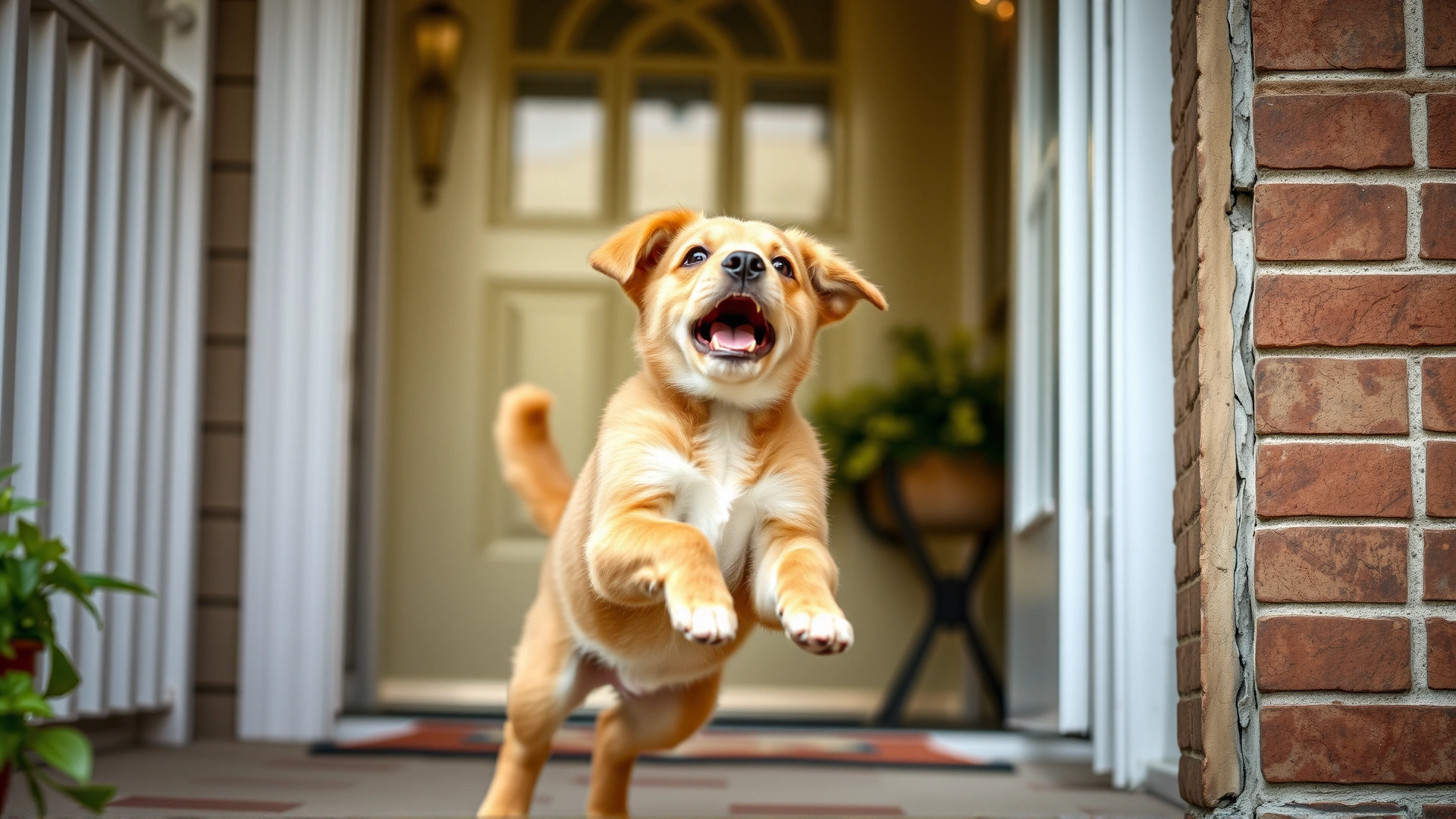 An energetic puppy jumping up to greet its owner at the front door, tail wagging and eyes bright, illustrating excitement urination.