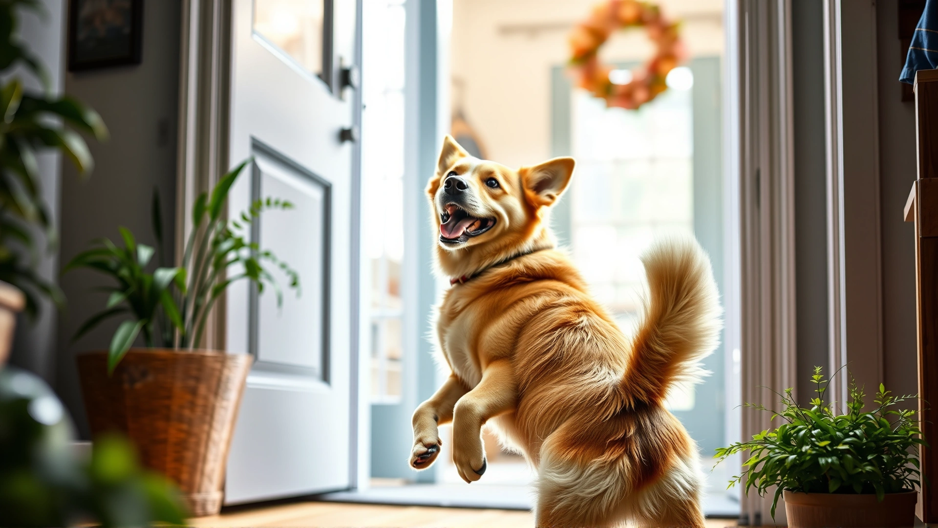 Happy dog jumping up to greet its owner at the front door, tail blurred in motion, bright and welcoming home interior