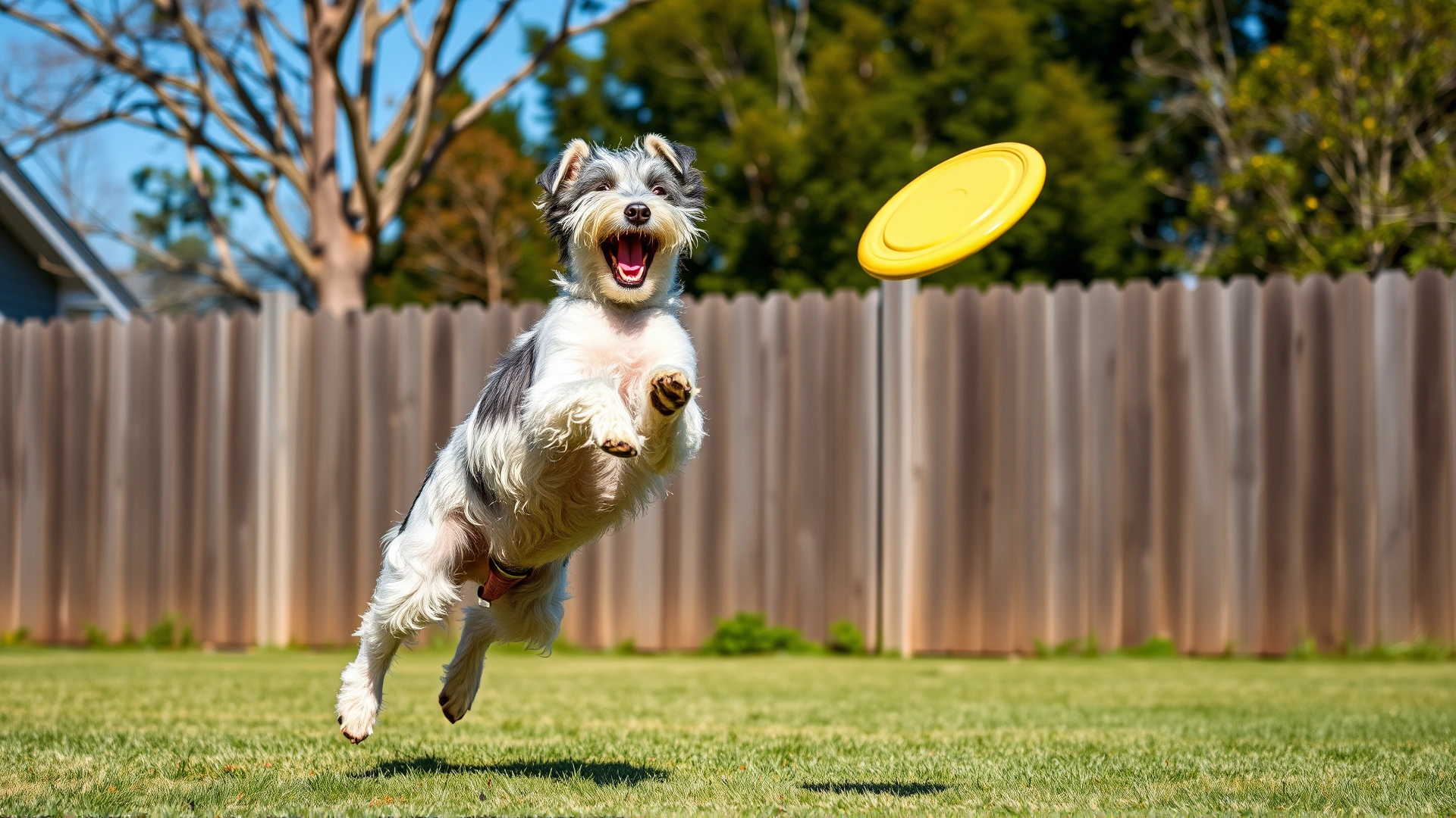 Bedlington Terrier mid-jump catching a frisbee in a fenced backyard, fast shutter, clear blue sky