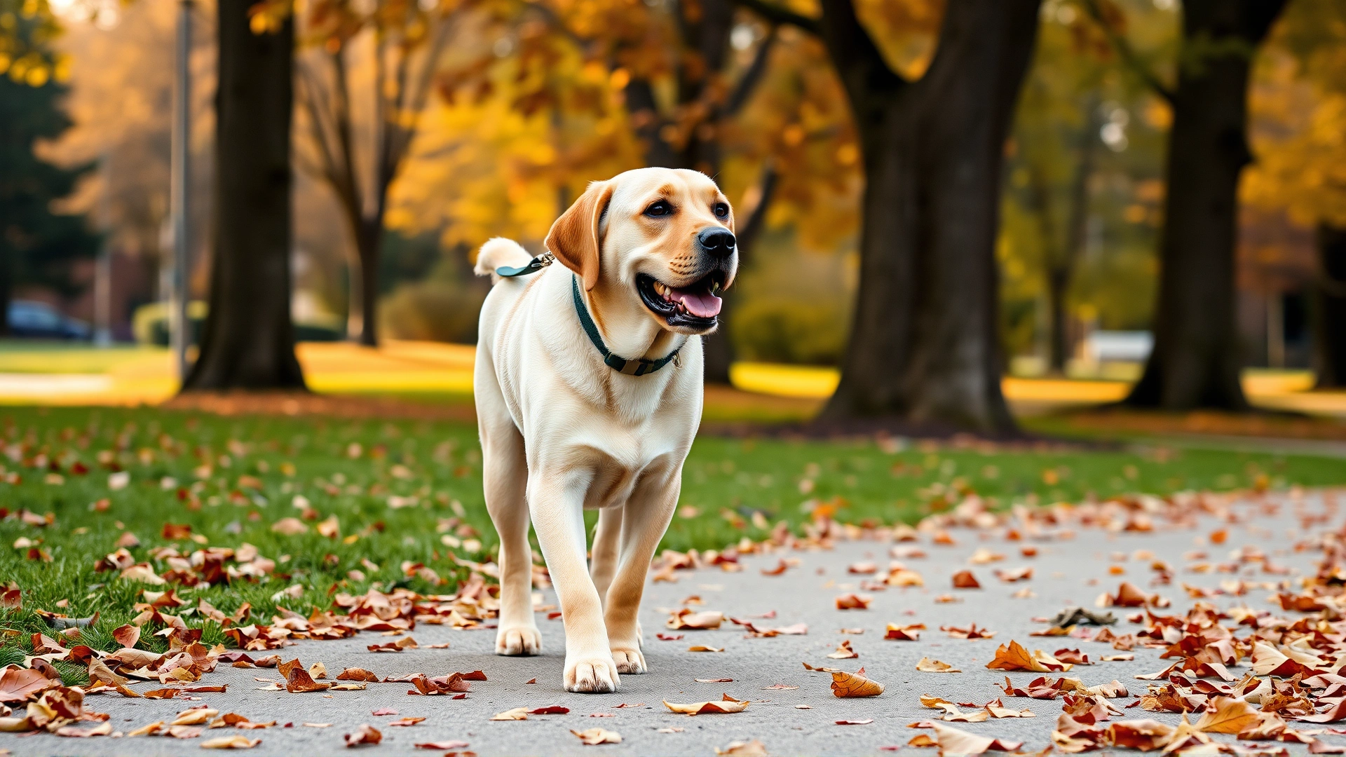 Older Labrador walking calmly on a leash with its owner through a leafy park on an autumn afternoon.